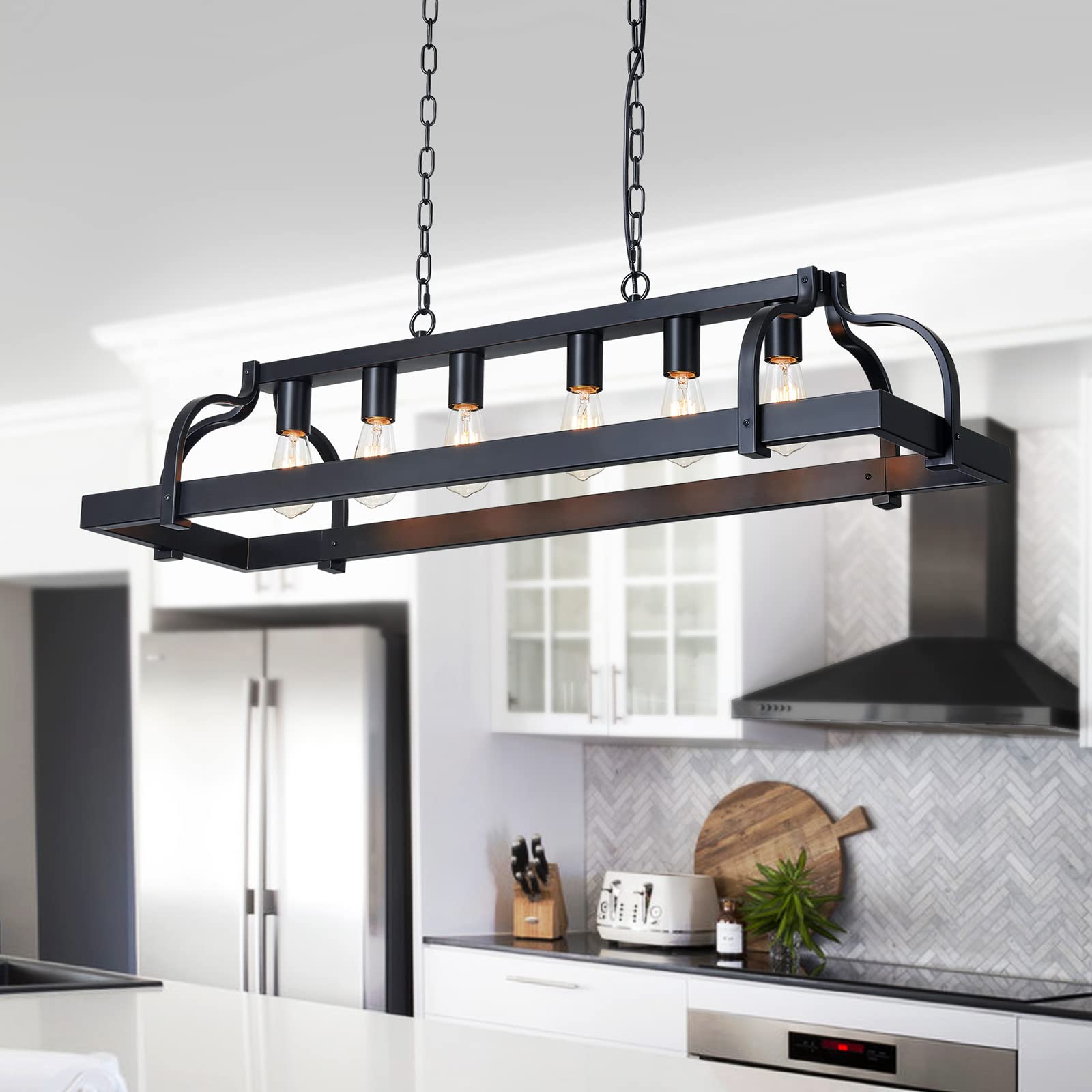 WUZUPS 5-Light Metal Chandelier Imitation Wood Grain Linear Pendant Ceiling Lighting Rustic Farmhouse Fixture Kitchen Island Dining Room, H 8.5" L 31.5" W10, E26 Base, Black & Antique White