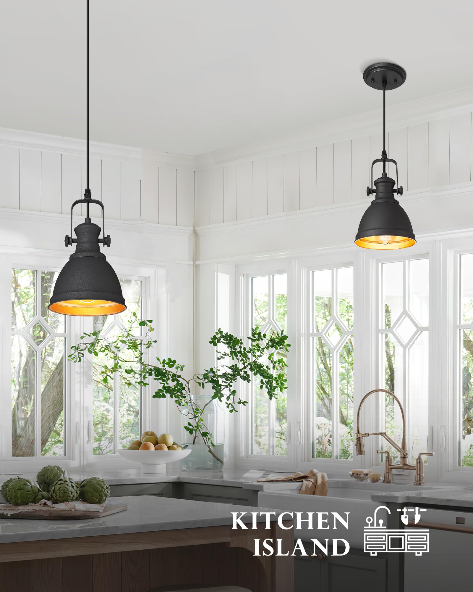 Pendant Lights, Minimalist Pendant Lighting for Kitchen Island, Hanging Light Fixtures with Black Metal, 3-Pack, AD-2151-1P3