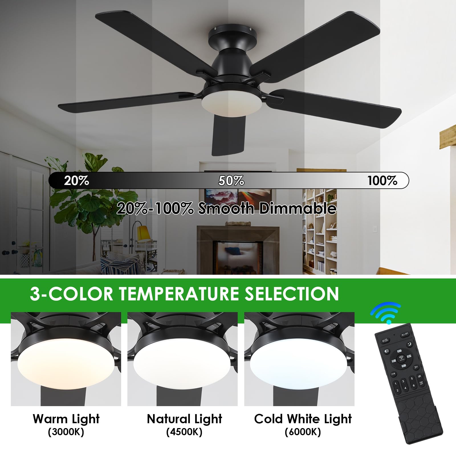 Ceiling Fans with Lights- 46"Low Profile Indoor Ceiling Fan with Light and Remote/APP Control, Flush Mount, LED Dimmable DC Reversible Modern Ceiling Fan for Bedroom（Black）