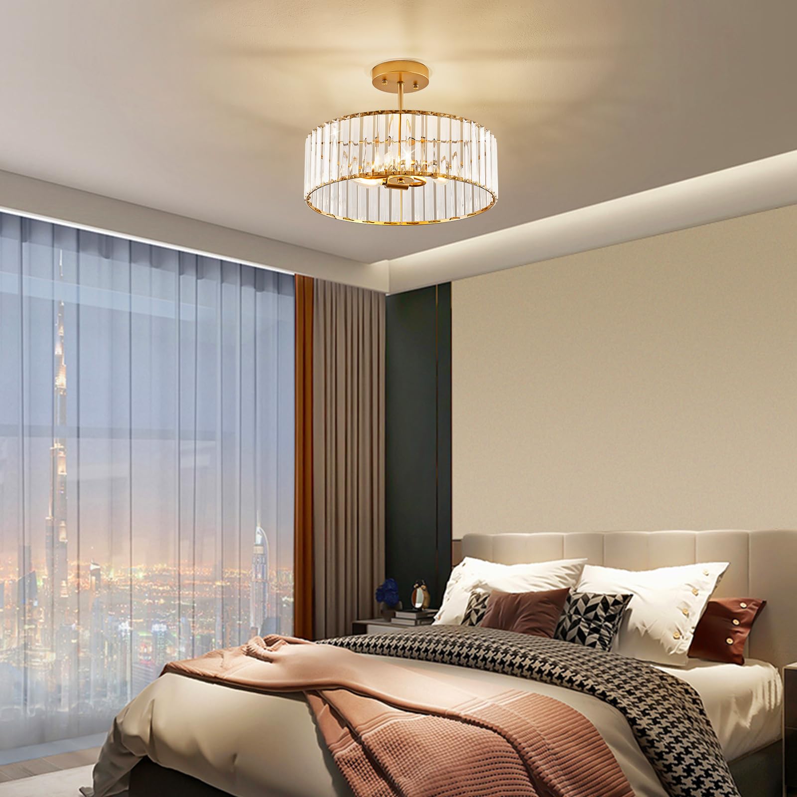 Modern Gold Semi Flush Mount Ceiling Light Crystal Hallway Light Fixture Metal Close to Ceiling Lamp for Kitchen Living Room Bathroom Entryway Bedroom