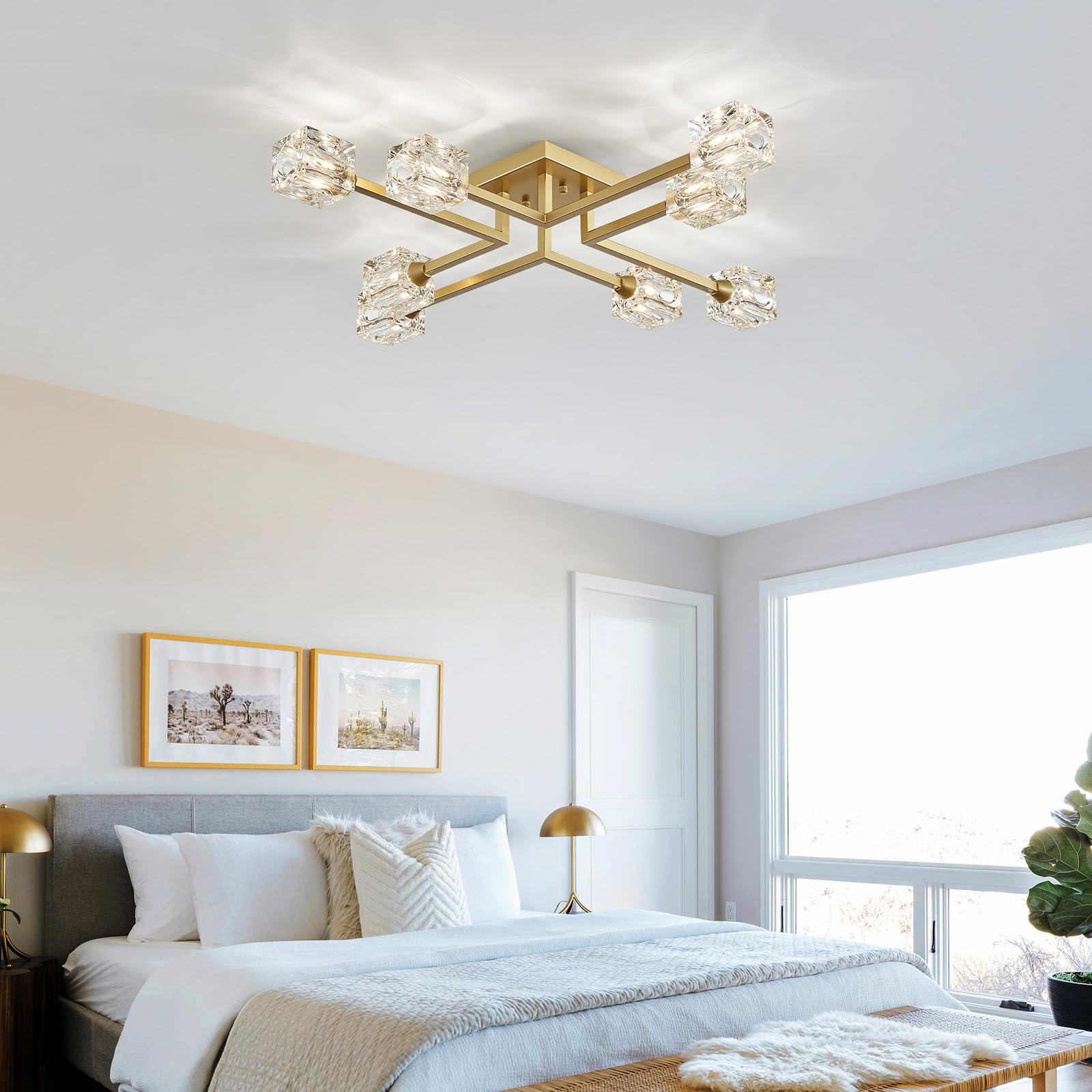 8-Light Semi Flush Mount Ceiling Light Fixture Modern Antique Gold Sputnik Chandeliers Fashion Lighting for Bedroom Dining Room Farmhouse Kitchen Office