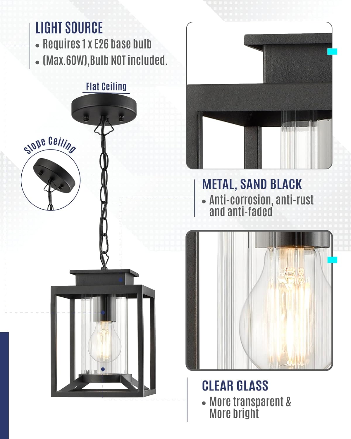 Outdoor Pendant Light, 1-Light Modern Outdoor Hanging Lantern with Adjustable Chain, Exterior Hanging Porch Light in Black Finish with Cylinder Glass, 2353/1H