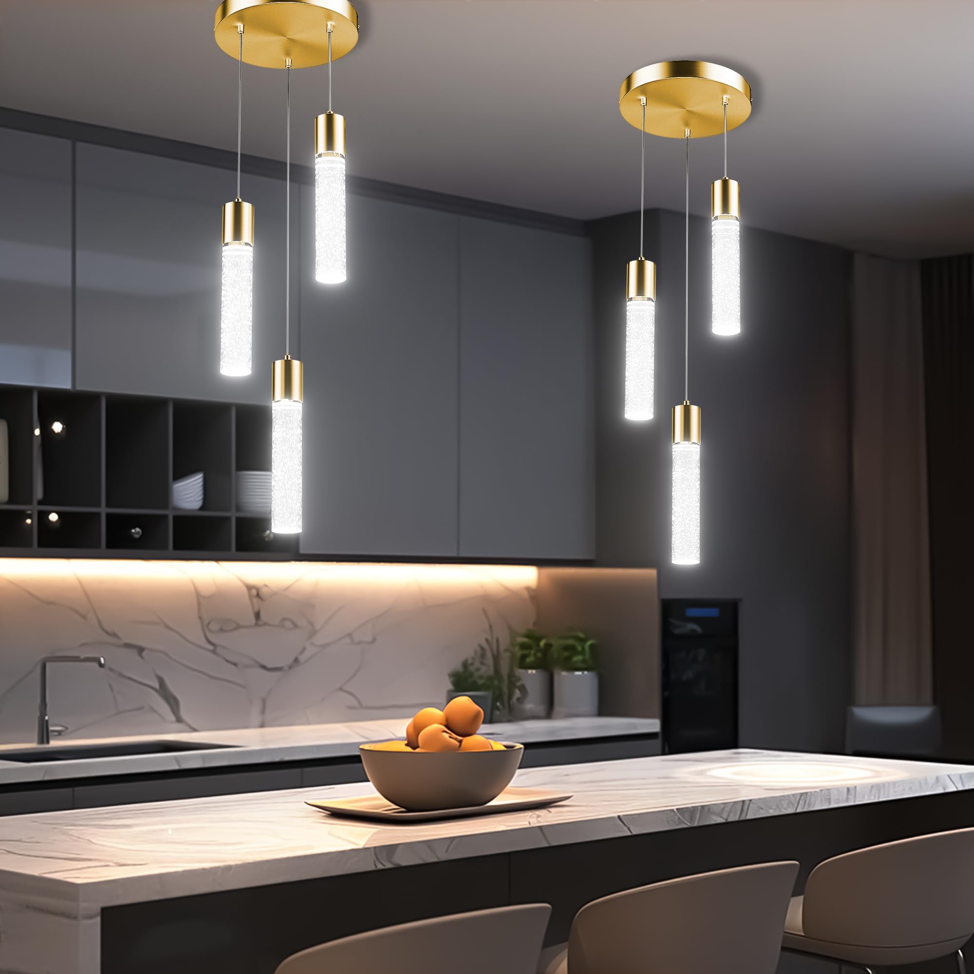 Pendant Lights Kitchen Island 3 Pack, 6500K Modern Kitchen Island Lights Ceiling Lighting Fixtures with Crystal Bubble, Integrated LED Cold White Hanging Light Dining Room Light