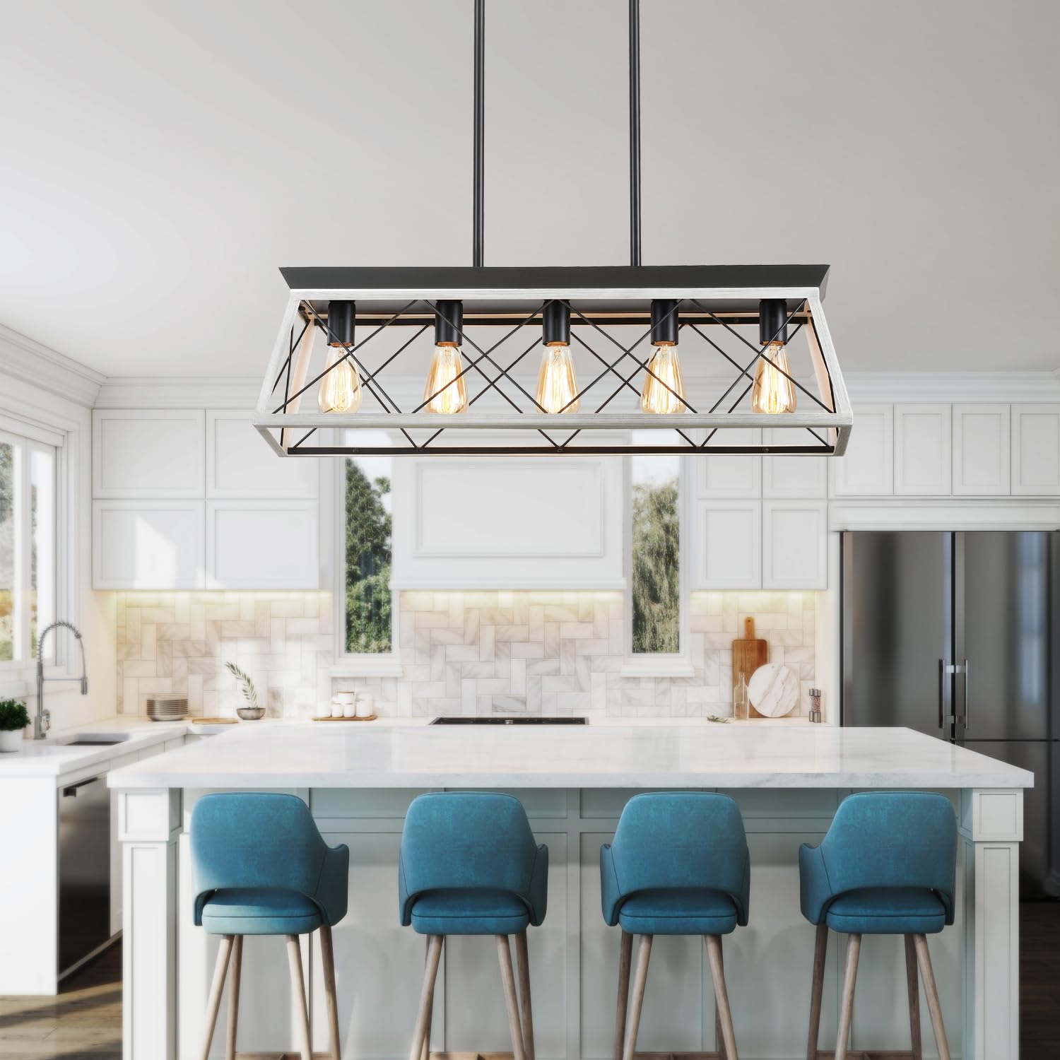 5-Light Farmhouse Pendant Light for Dining Room, Rustic Kitchen Island Lighting, Adjustable Height Chandeliers for Kitchen, Dining Room Table Black