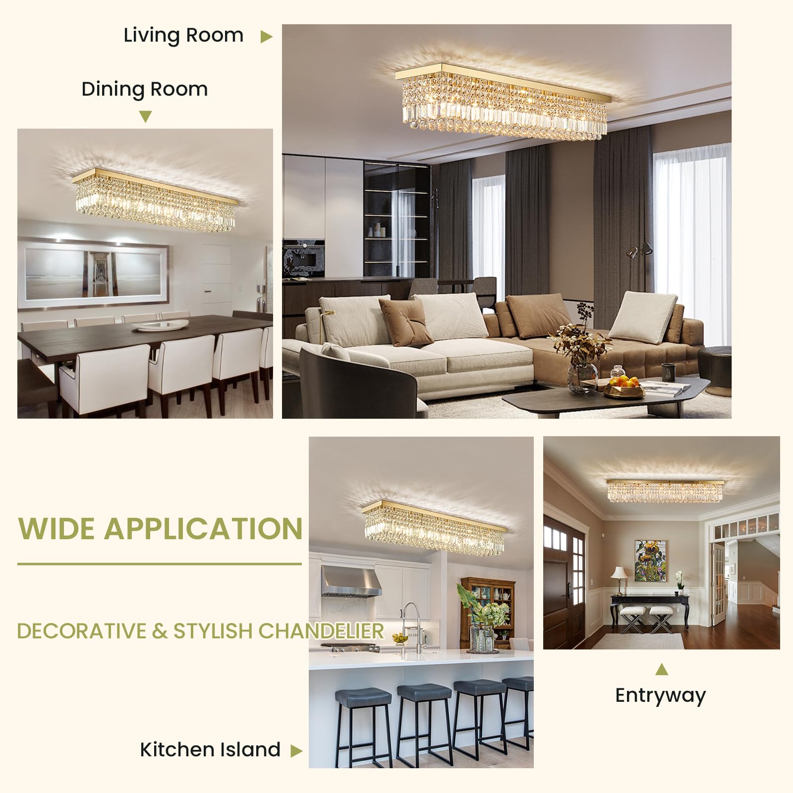 6-Light Modern Crystal Chandelier Rectangular Gold K9 Crystal Raindrop Chandelier for Dining Room, Luxury Adjustable Ceiling Pendant Light for Living Room Kitchen Island L31.5'' x W10'' x H10''