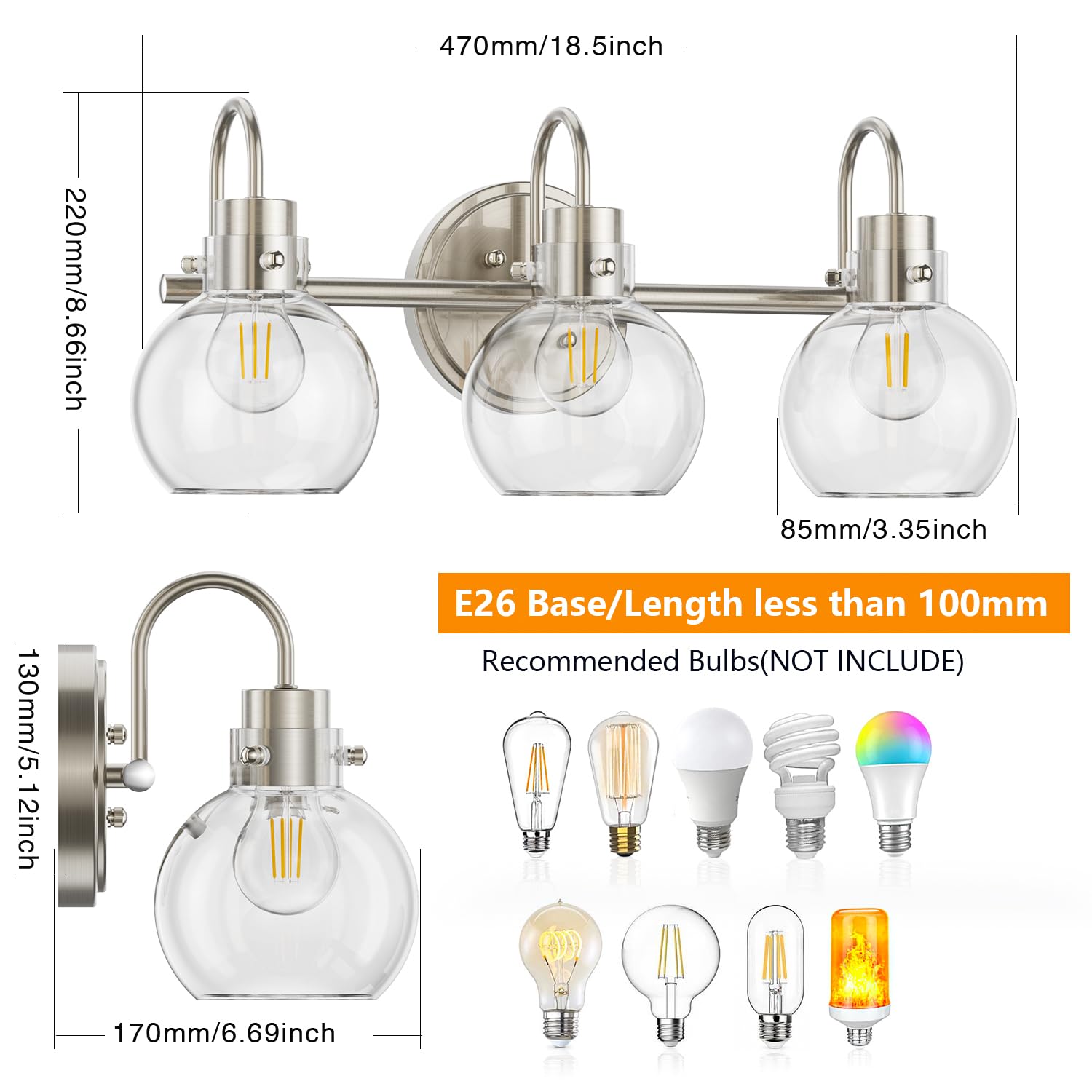 3 Lights Vanity Light, Brushed Nickel Bathroom Light Fixtures, Farmhouse Wall Sconces with Globe Clear Glass Shade, Porch Wall Mount Lamp for Mirror, Kitchen, Porch, Living Room, Workshop (E26 Base)