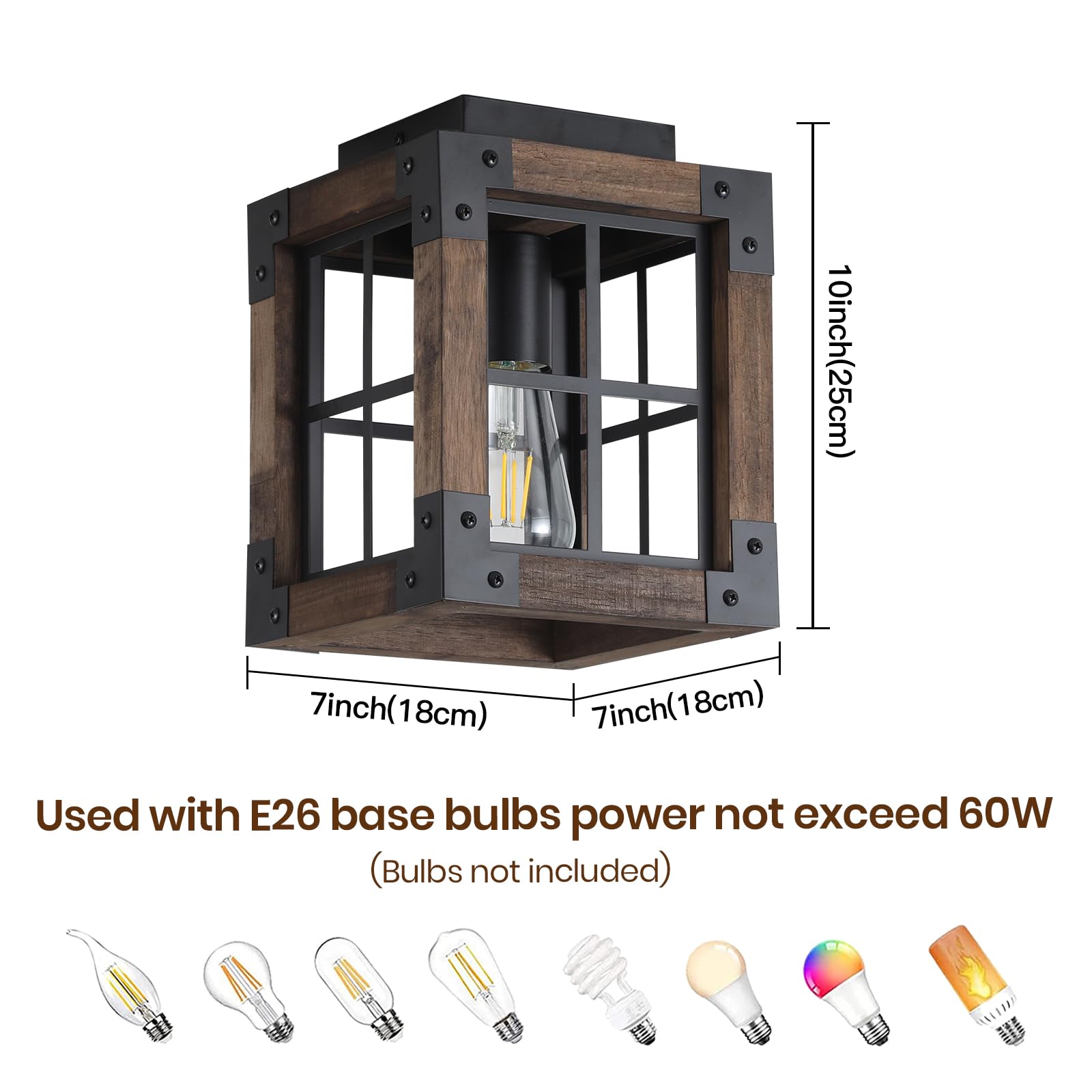 Farmhouse Ceiling Light 1 Light Wood and Metal Cage Semi Flush Mount Ceiling Light for Hallway Kitchen Sink,industrial Ceiling Light E26 Base.