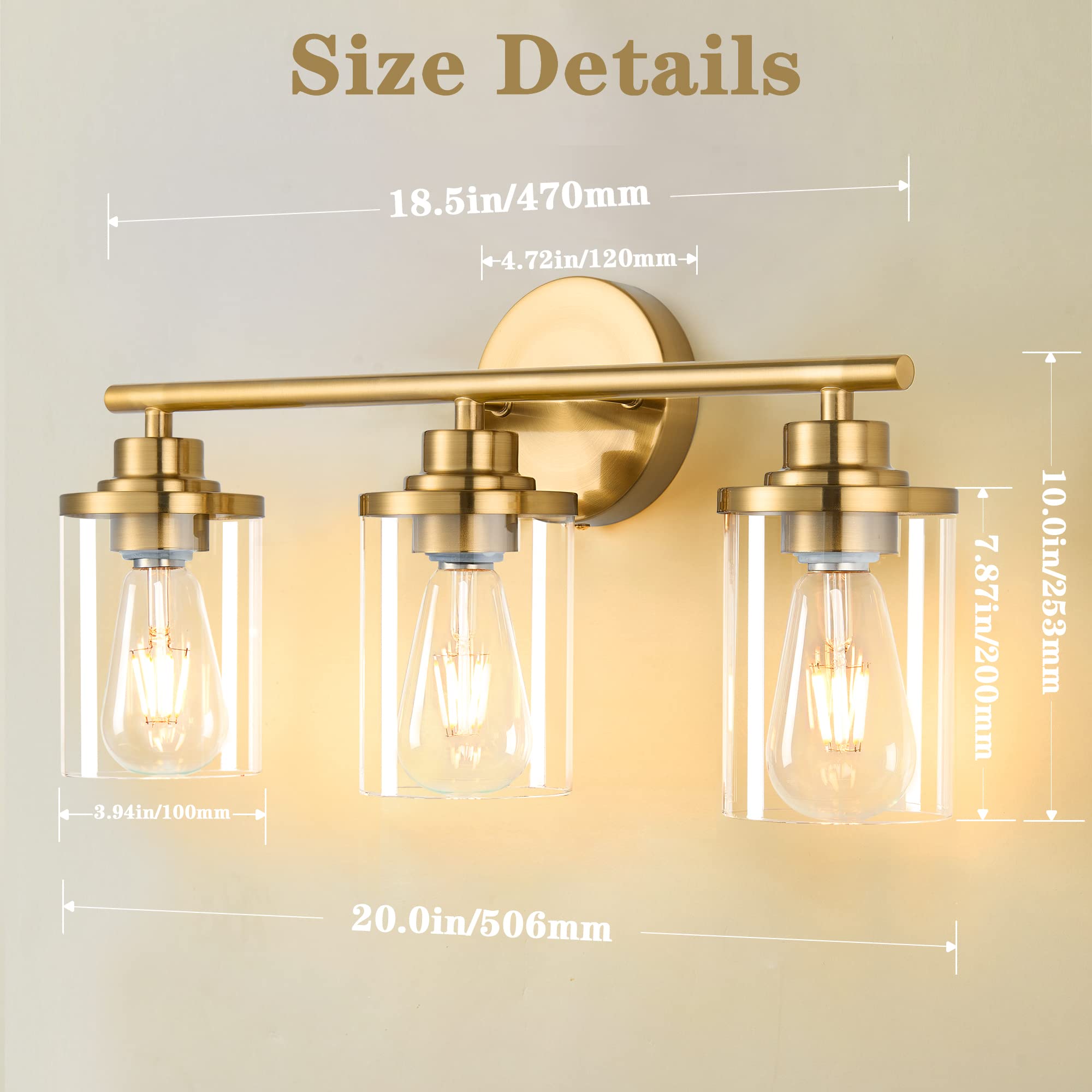 Bathroom Light Fixtures,Vanity Lights,Gold Bathroom Lights Over Mirror,Brushed Gold Vanity Light for Bathroom,20'' Brass Gold 3-Light Modern Bathroom Sconce