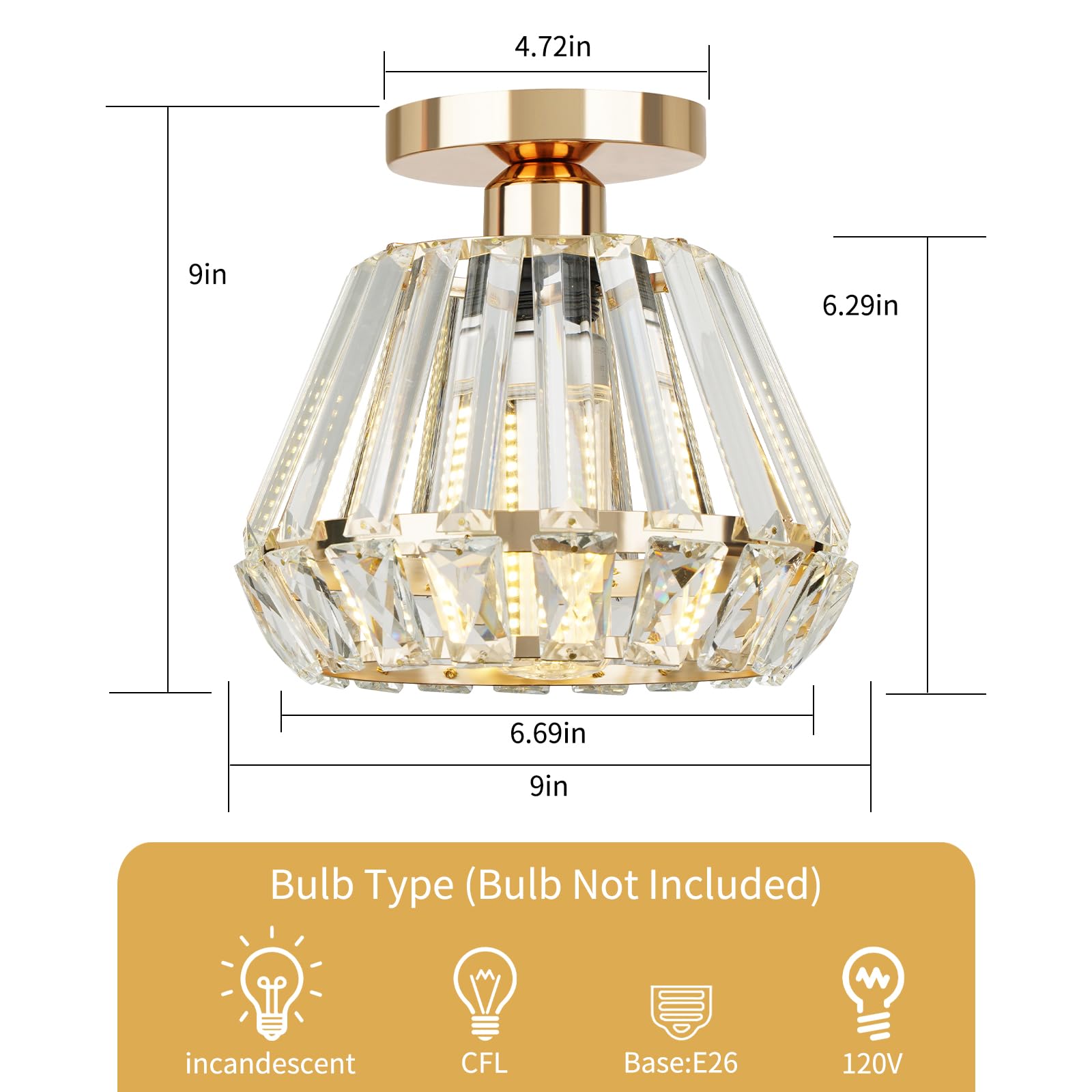 HOME Industrial Semi Flush Mount Ceiling Light Fixture Modern Mini Crystal Light Fixture E26 Small Chandelier for Hallway Porch Entryway Foyer Bathroom Black