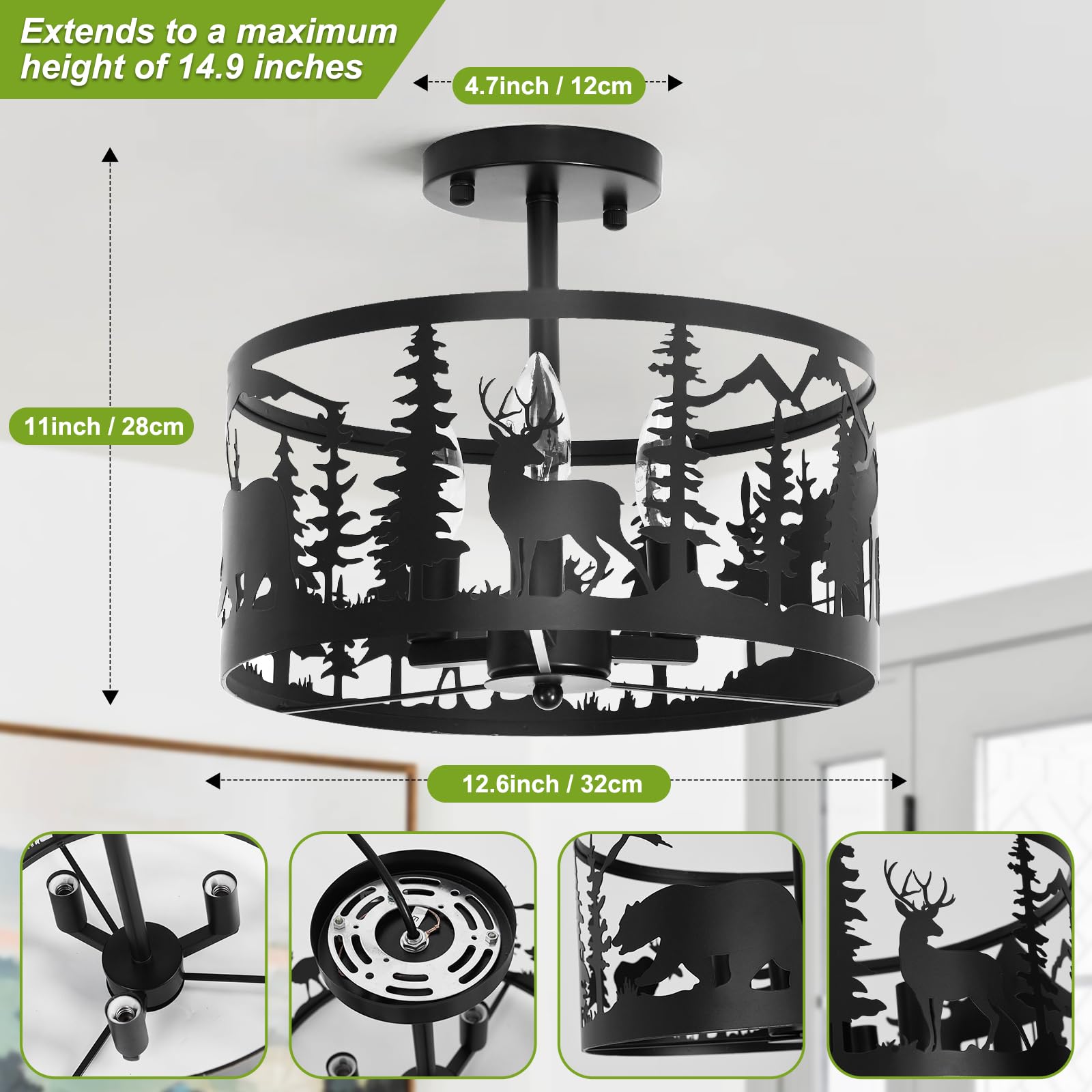 Rustic Semi-Flush Mount Ceiling Light Fixture,3-Light E12 Base Black Round Farmhouse Metal Light Fixtures for Kitchen, Hallway, Living Room, Industrial Style with Deer, Bear, Tree Design -Frame