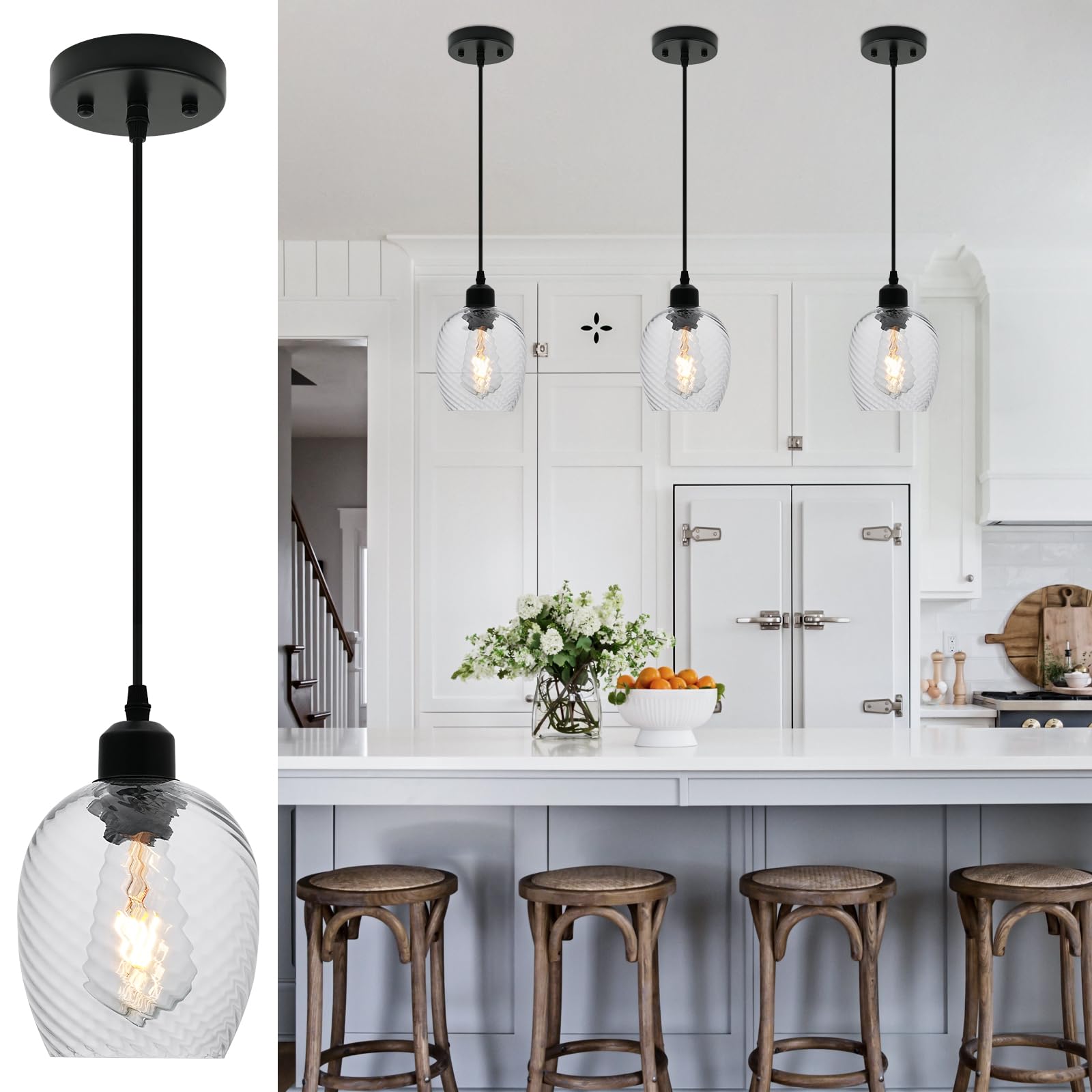 Modern Pendant Light Fixture Farmhouse Hanging Light with Clear Glass Shade, Industrial Black and Gold Pendant Lighting for Kitchen Island Dining Room Bedroom