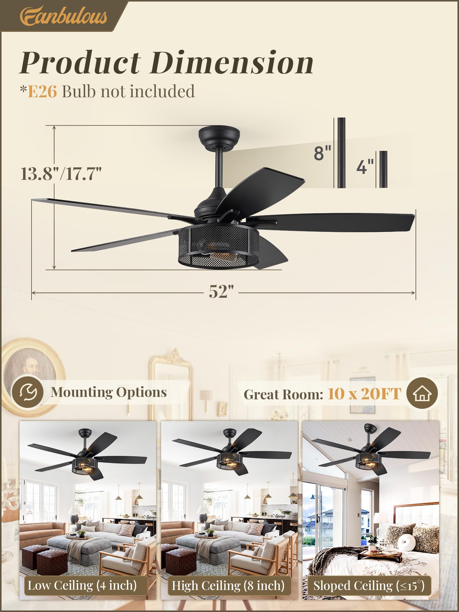 Farmhouse Ceiling Fans with Lights and Remote, 52 Inch Black Industrial Caged Ceiling Fans for Bedroom Living Room Kitchen, 6 Speed Reversible Quiet DC Motor, Dual Finish 5 Blades