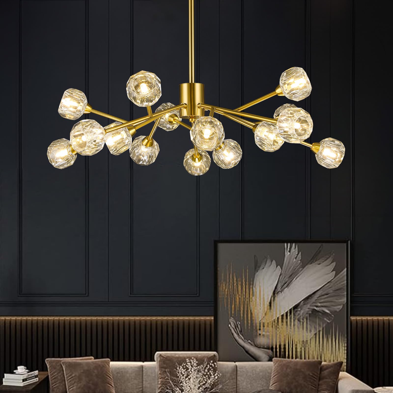 Sputnik Chandeliers for Dining Room Light Fixture, Modern Crystal Chandeliers, 9 Lights Gold Chandelier for Living Room Bedroom, Dining Room Chandelier Over Table, Kitchen Light Fixtures