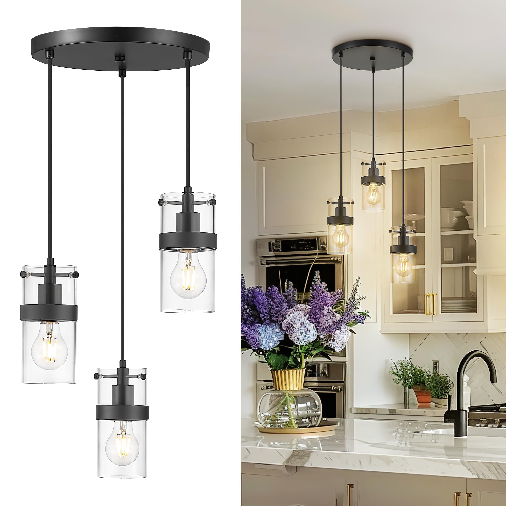 LMS 4-Light Island Lights, Farmhouse Light Fixtures with Hammered Glass Shade, Matte Black Linear Chandelier Pendant Lighting Over Table for Adjustable Height, Kitchen Island, LMS-171BK-4