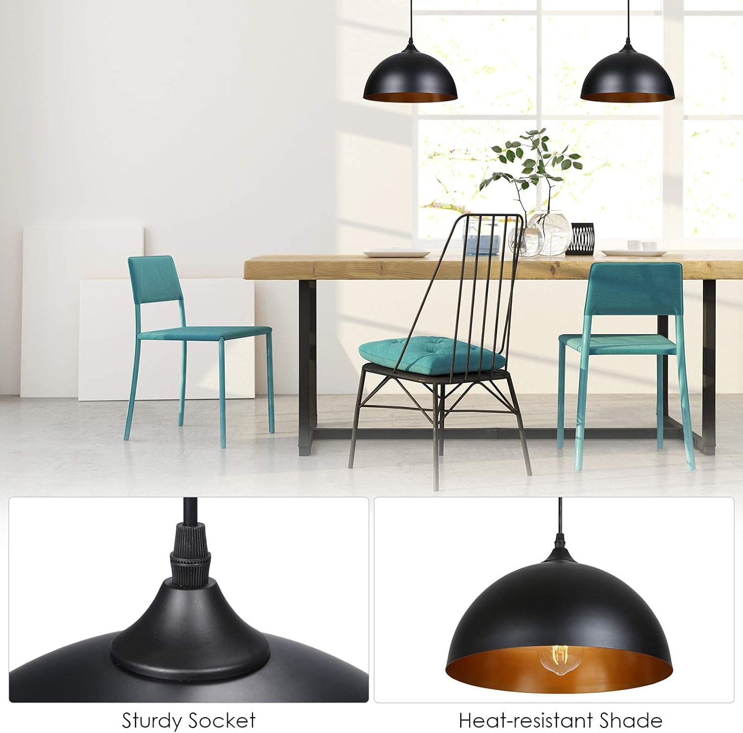 Plug in Pendant Light, Metal Dome Hanging Pendant Light 2 Pack with 15FT Plug in Cord, On/Off Switch, for E26 Bulbs, Black Barn Pendant Light for Farmhouse Kitchen, Dining, Bedroom 2 Pack