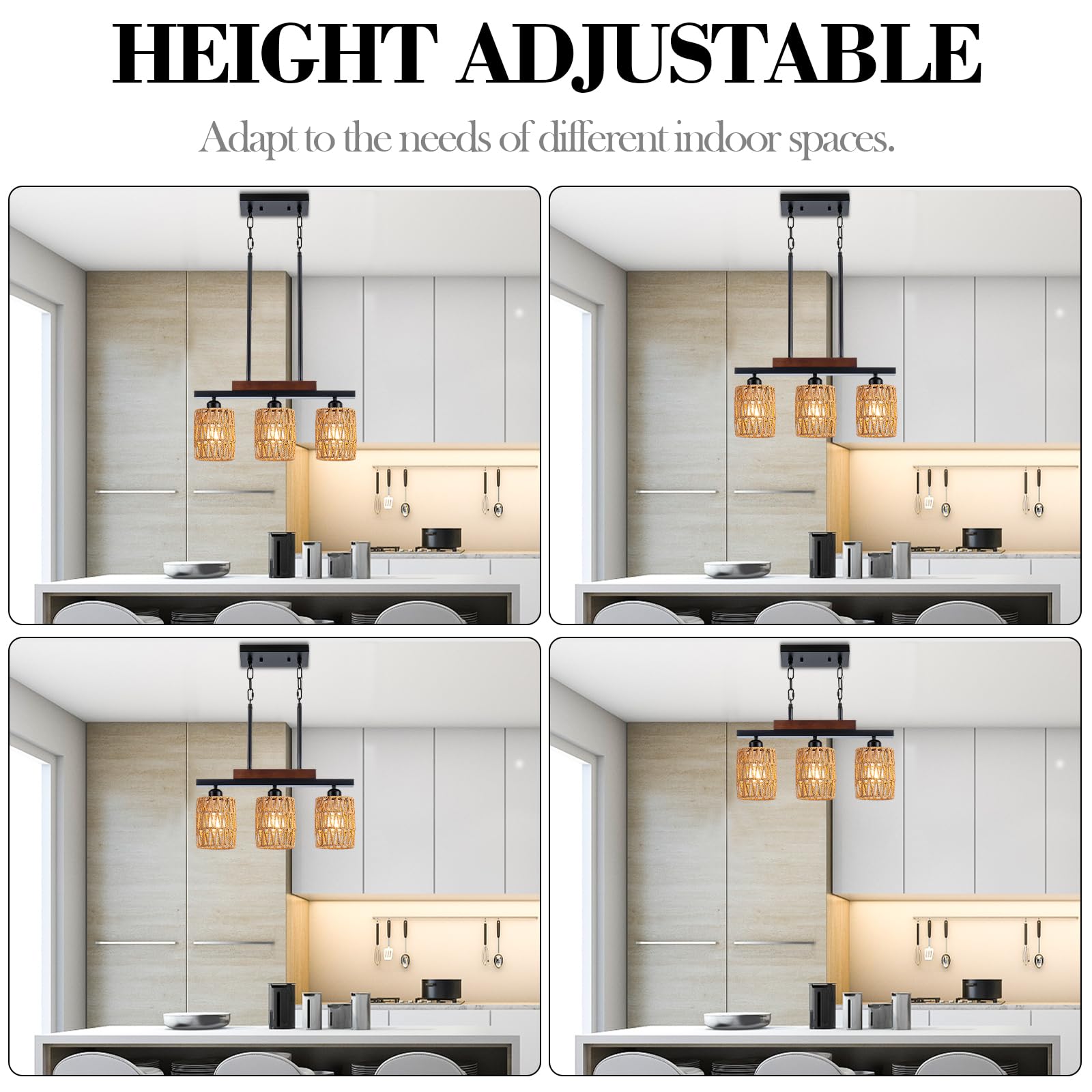 Rattan Kitchen Island Light Fixture, 5 Lights Boho Rectangle Pendant Lights for Dining Room, Farmhouse Chandeliers Over Table, Modern Ceiling Hanging Kitchen Light Fixtures, Height Adjustable