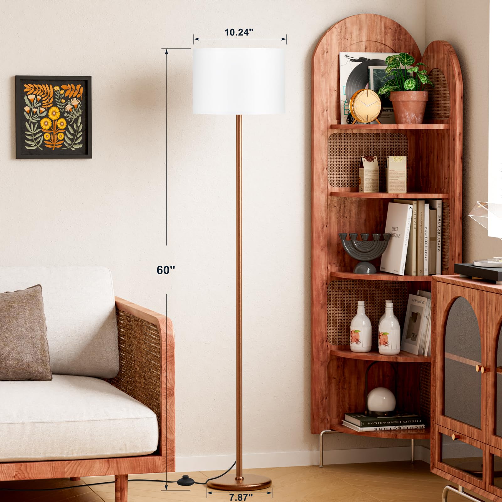 Modern Floor Lamp Simple Design with White Shade, Foot Pedal Switch, 60" Small Tall Lamps for Living Room Bedroom Office Dining Room Kitchen, Black Pole Lamp(Without Bulb)