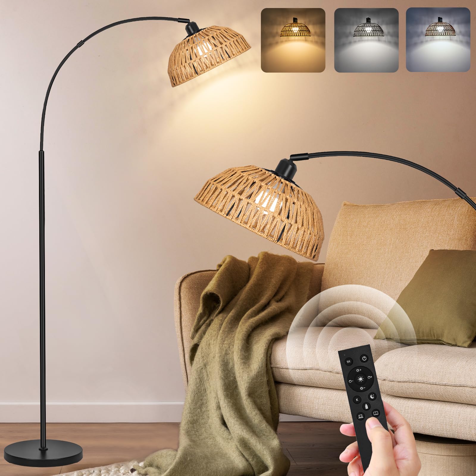 Rattan Floor Lamp- Boho Standing Lamp with Remote Control and Dimmable Bulb, Hand-Worked Adjustable Rattan Shades, Black Farmhouse Tall Lamp, Boho Arc Floor Lamps for Living Room, Bedroom, Office