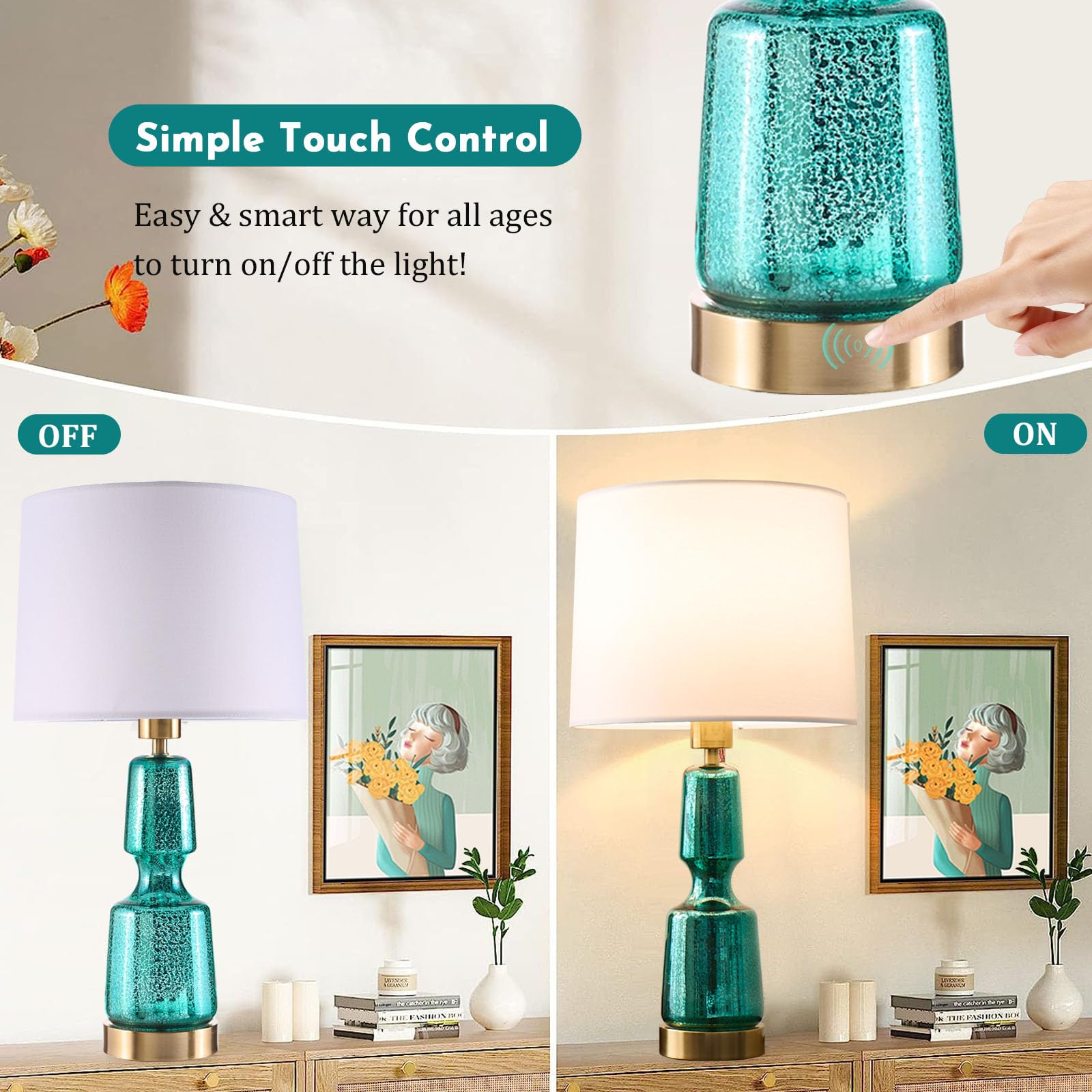 Touch Table Lamp Set of 2, Glass Table Lamps with Brass Gold Base Touch Control, Modern Tall Table Lamps for Bedroom Bedside Nightstand Living Room End Table, Bulbs Included, 24”