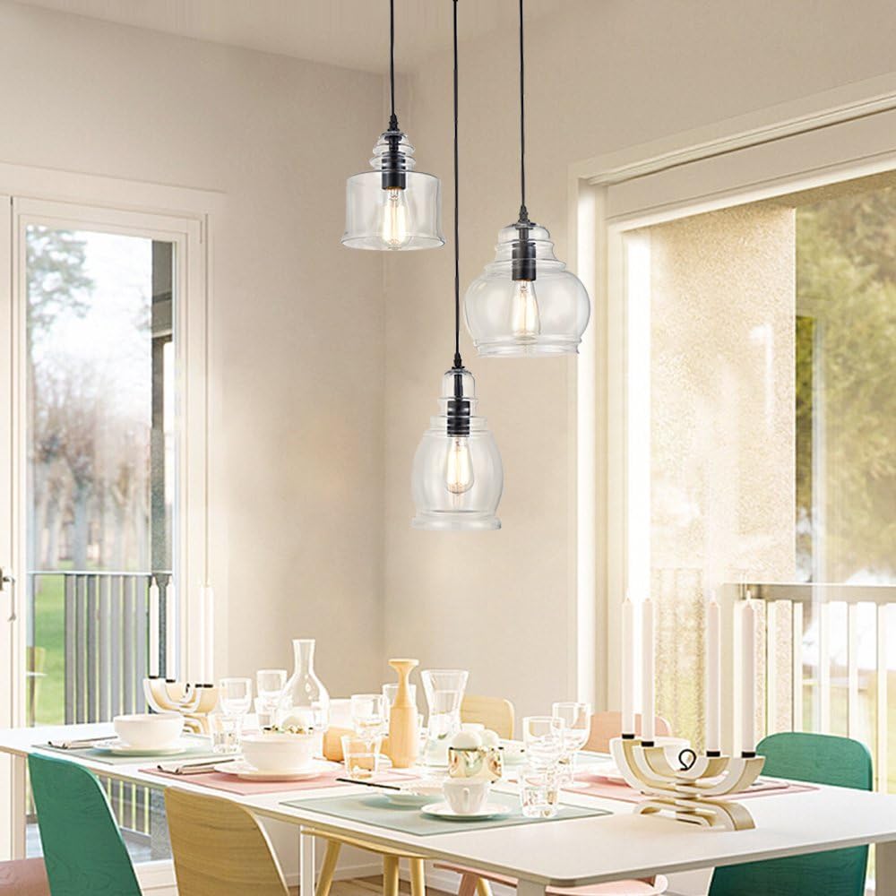 CLAXY Ecopower Vintage Kitchen Linear Island Glass Chandelier Pendant Lighting Fixture-3 Lights