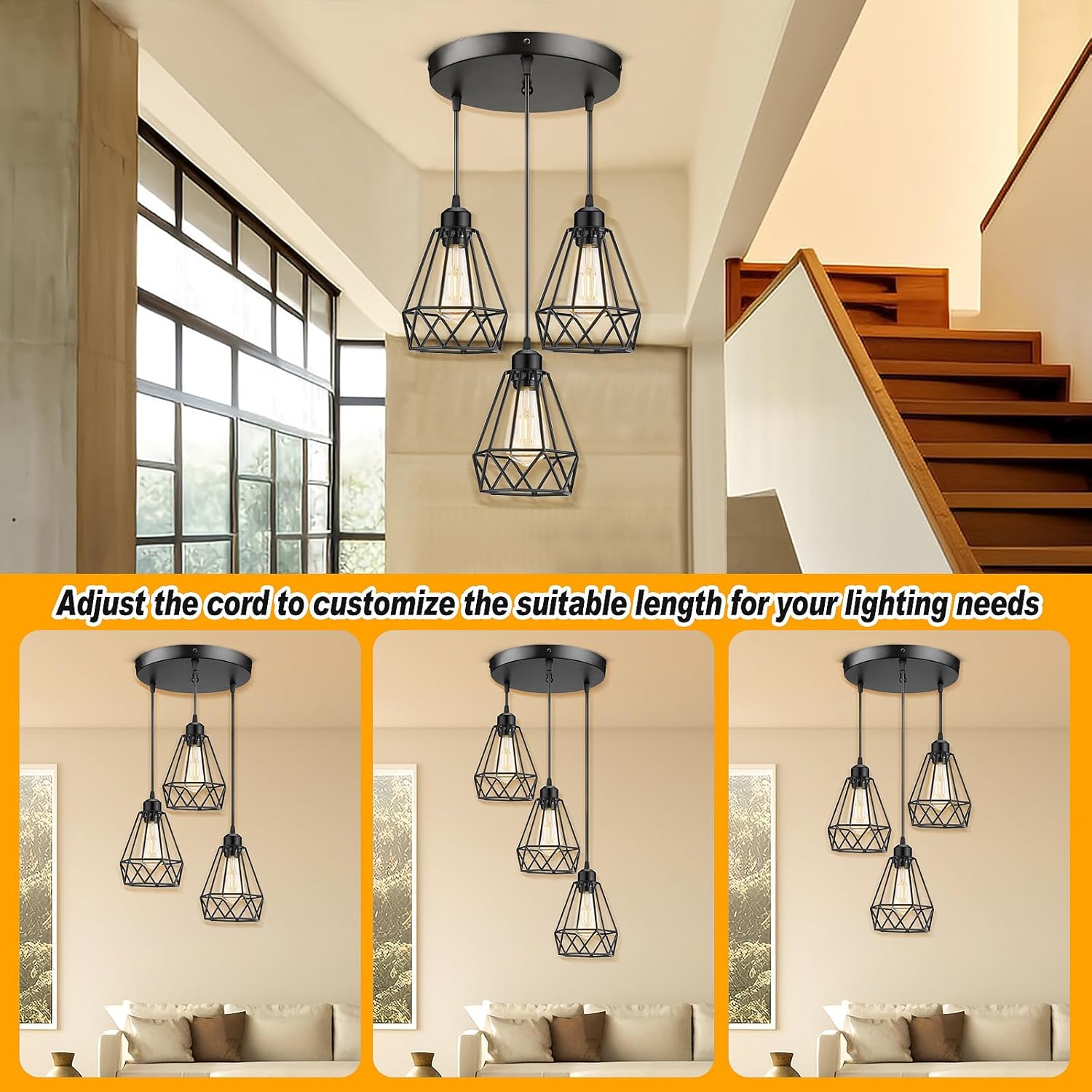 Industrial 3-Light Pendant Light Fixtures, Adjustable Farmhouse Hanging Pendant Lighting for Kitchen Island, E26 Base, Black Metal Cage Pendant Ceiling Lamp for Dining Room Kitchen