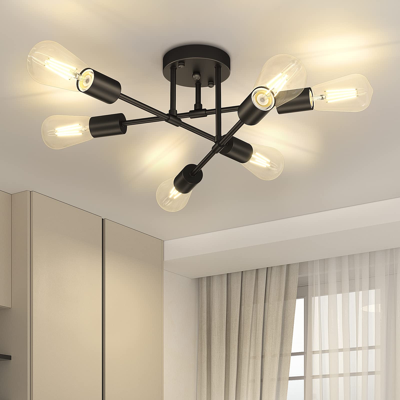 6-Lights Semi Flush Mount Ceiling Light, Mid-Century Modern Black and Gold Sputnik Ceiling Lighting, Industrial Kitchen Light Fixtures Ceiling Mount for Dining Room Hallway Living Room