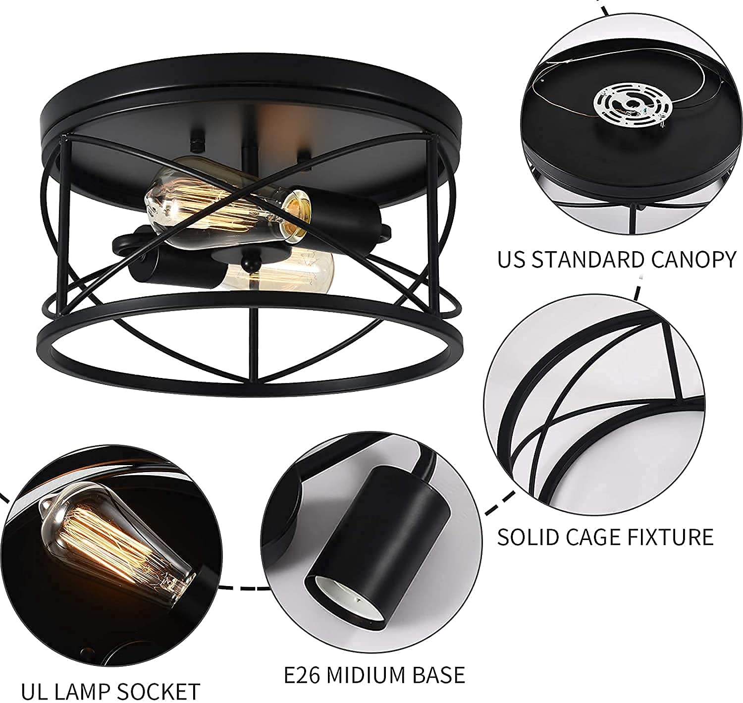 Black Semi Flush Ceiling Light Fixture, 2-Light Farmhouse Flush Mount Light Fixtures, Modern Industrial Metal Cage Pendant Lighting for Hallway, Bedroom, Kitchen, Foyer, Living Room, Dining Room