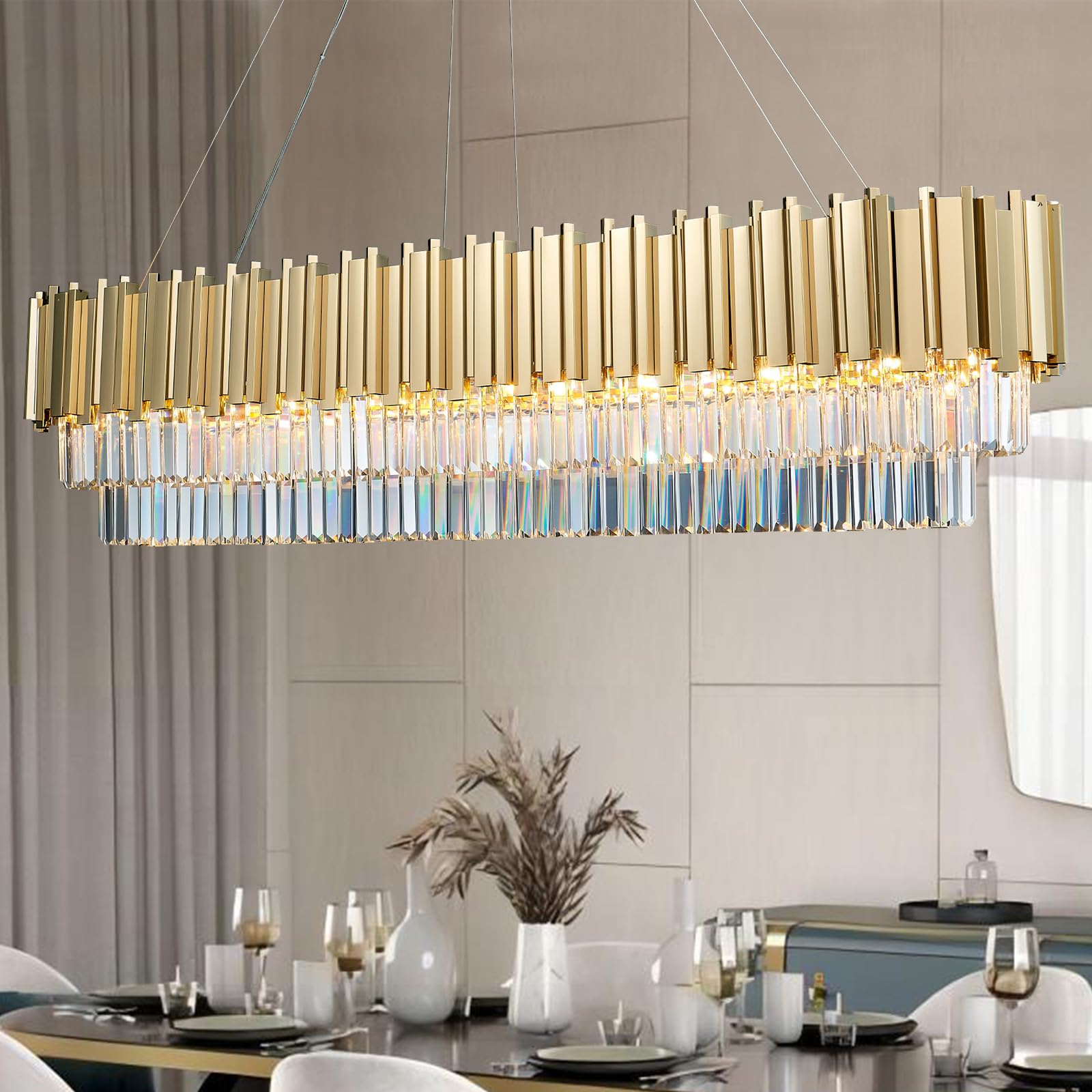 Rectangle Black Modern Chandeliers for Dining Rooms - L47 Inches Luxury Crystal Chandelier Lighting, Glass Shade Pendant Ceiling Light Fixtures for Kitchen Island, Bar