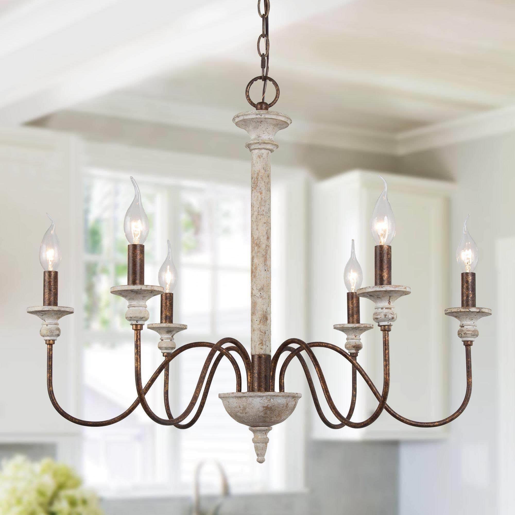 Farmhouse Chandelier, 6-Light Wood French Country Chandelier, Rustic Wooden Chandeliers Light Fixture for Dining Room, Living Room, Bedrooms, Foyer, Stairway, Distressed Wood and Rust Colored