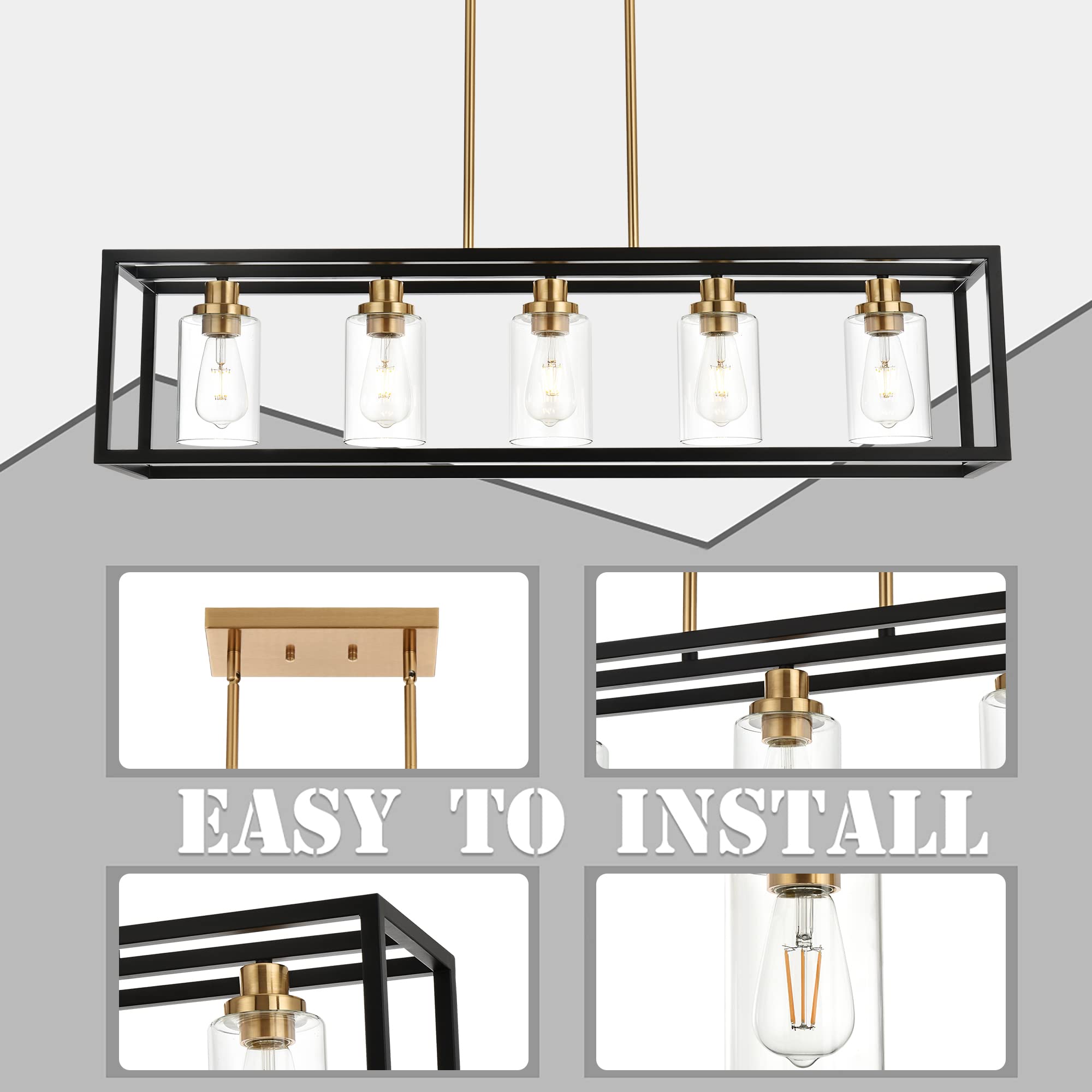 MELUCEE Black Chandeliers Rectangle 5 Lights Dining Room Lighting Fixtures Hanging Over Table, Kitchen Island Lighting Linear Pendant Light Ceiling with Clear Glass Shade and Brushed Brass Socket