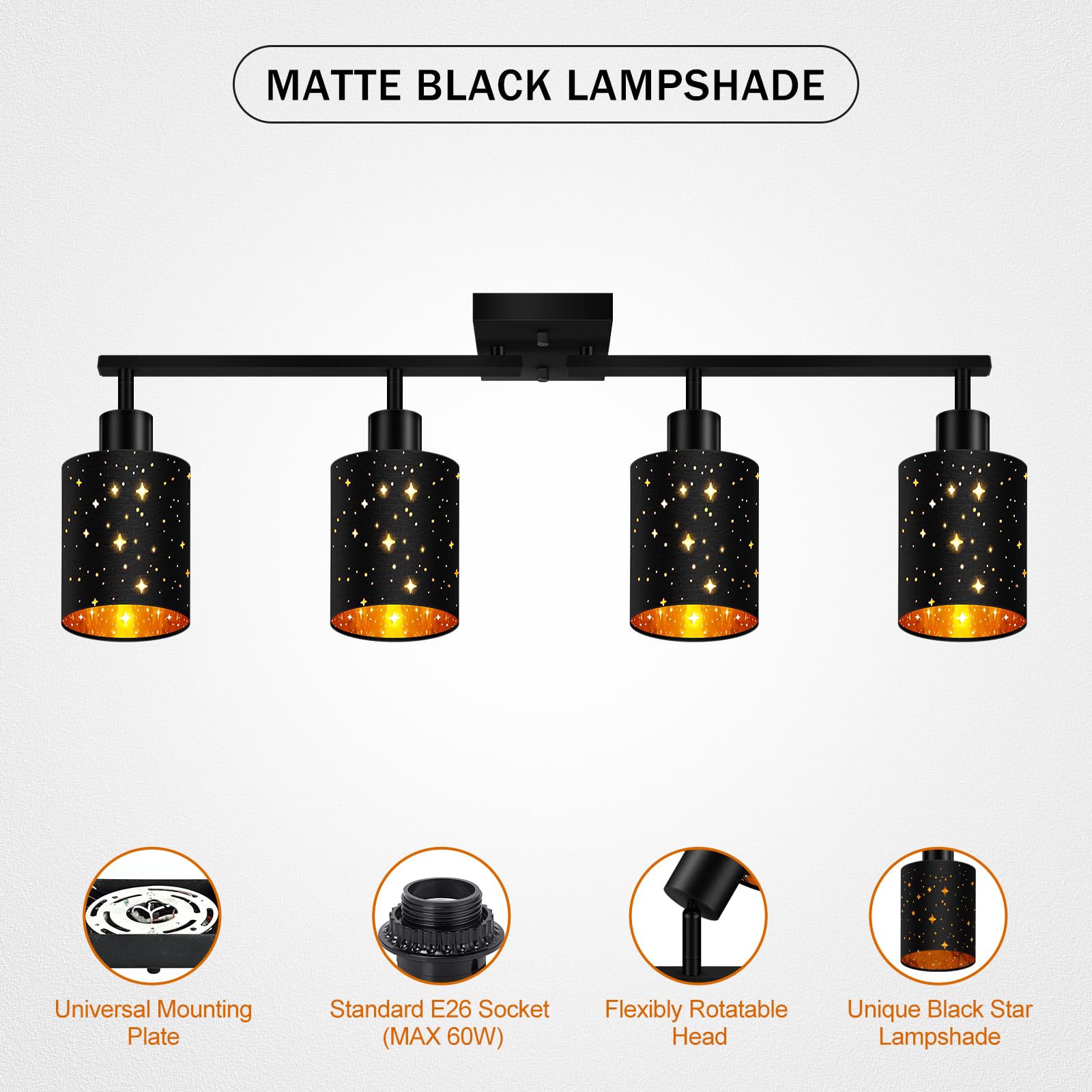 4-Light Track Lighting Fixtures with Clear Glass Shade, Modern Kitchen Lighting Fixtures Ceiling, Rotatable Track Head, Wall Mount Track Light for Bedside Vanity Hallway Bedroom, Matte Black