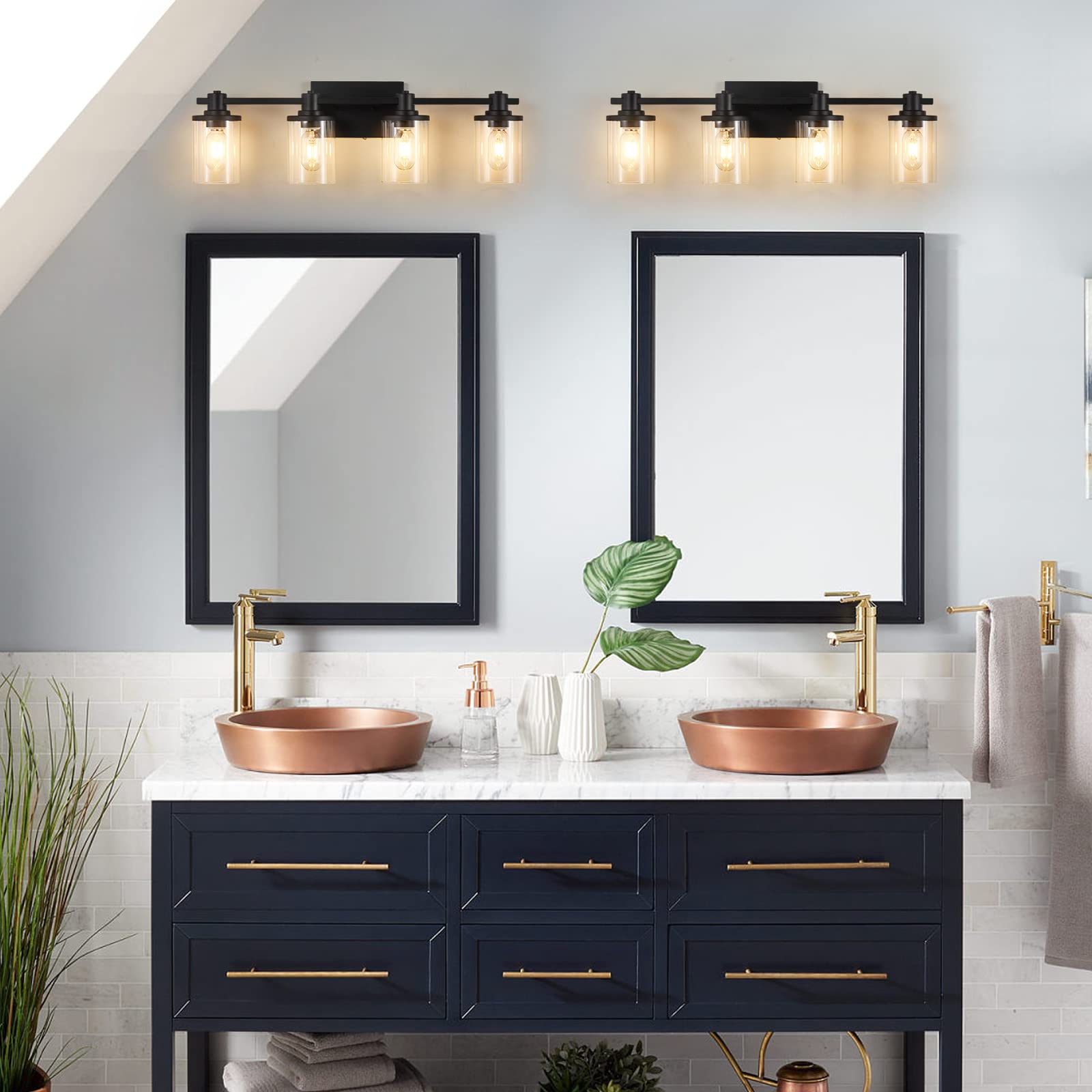 3 Light Bathroom Vanity Light, Black and Gold Bathroom Light Fixtures with Clear Glass Shade, Matte Black Finish, Brushed Gold Copper Accent Socket, Modern Gold Vanity Lights for Bathroom Over Mirror