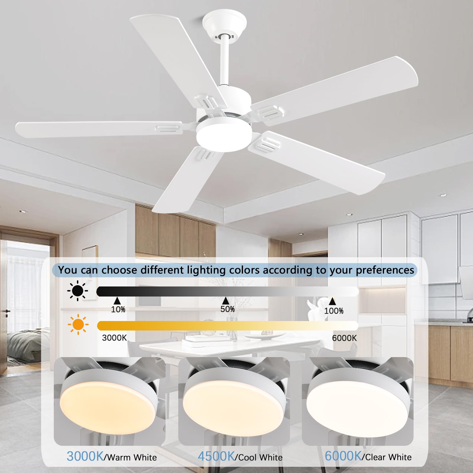 52 inch Modern White Ceiling Fans with Lights APP/Remote Control, Low Profile Reversible 6 Speeds Ceiling Fan Light for Indoor/Outdoor Patio Bedroom Living Room