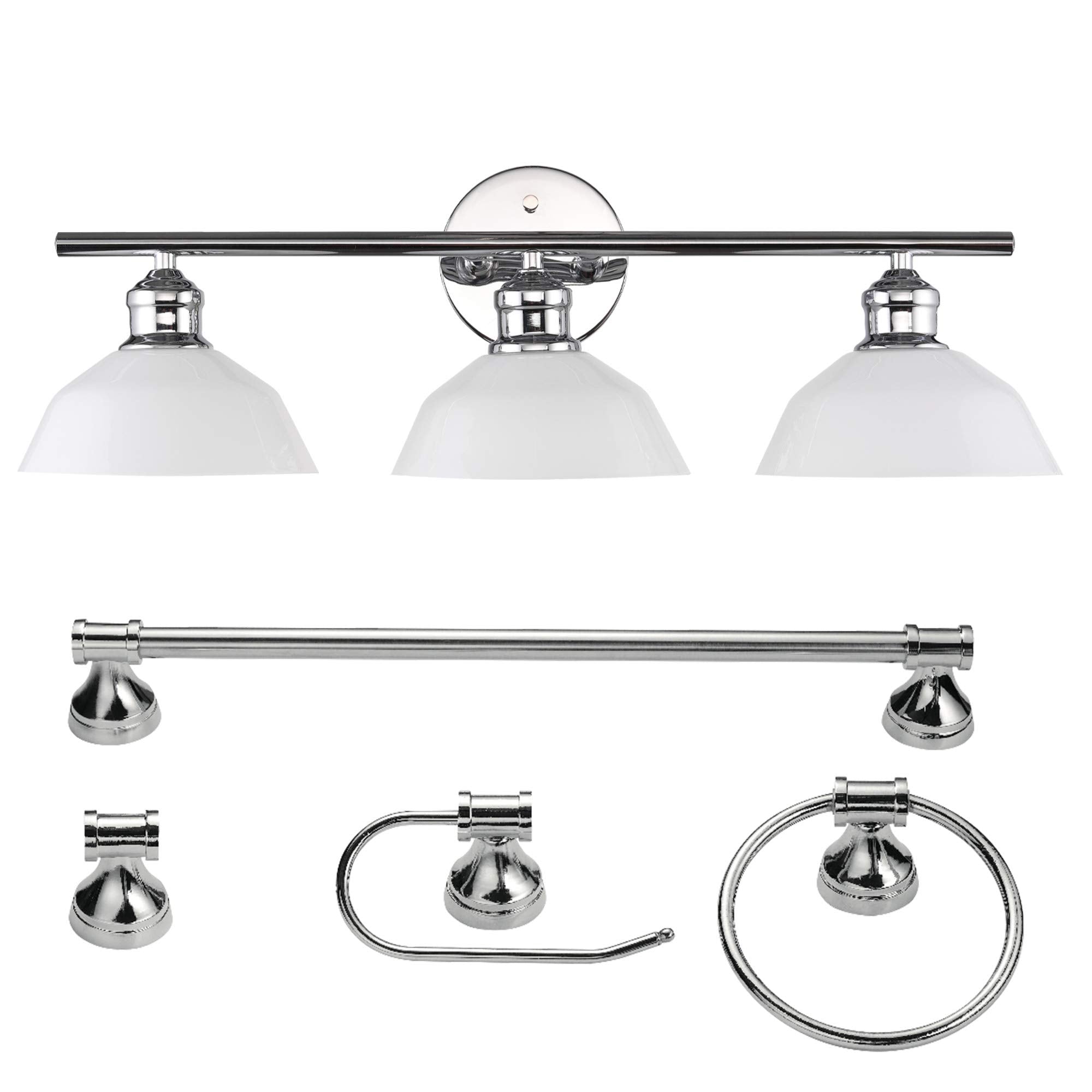 Globe Electric 51710 Bathroom Accessory Set, Matte Black, 3-Light Vanity Light, Towel Bar, Towel Ring, Robe Hook, Toilet Paper Holder, Bathroom Lights Over Mirror, Home Décor, Brooklyn, 5-Piece