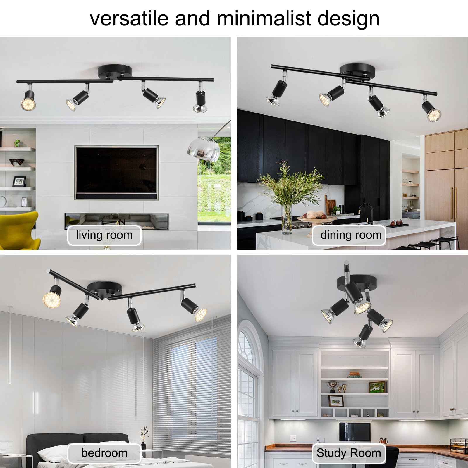 4 LED Light Matte Black Track Lighting Kit, Ceiling Spot Lighting with Adjustable Light Heads & Foldable Light Arms GU10 Socket (Bulbs Not Included)