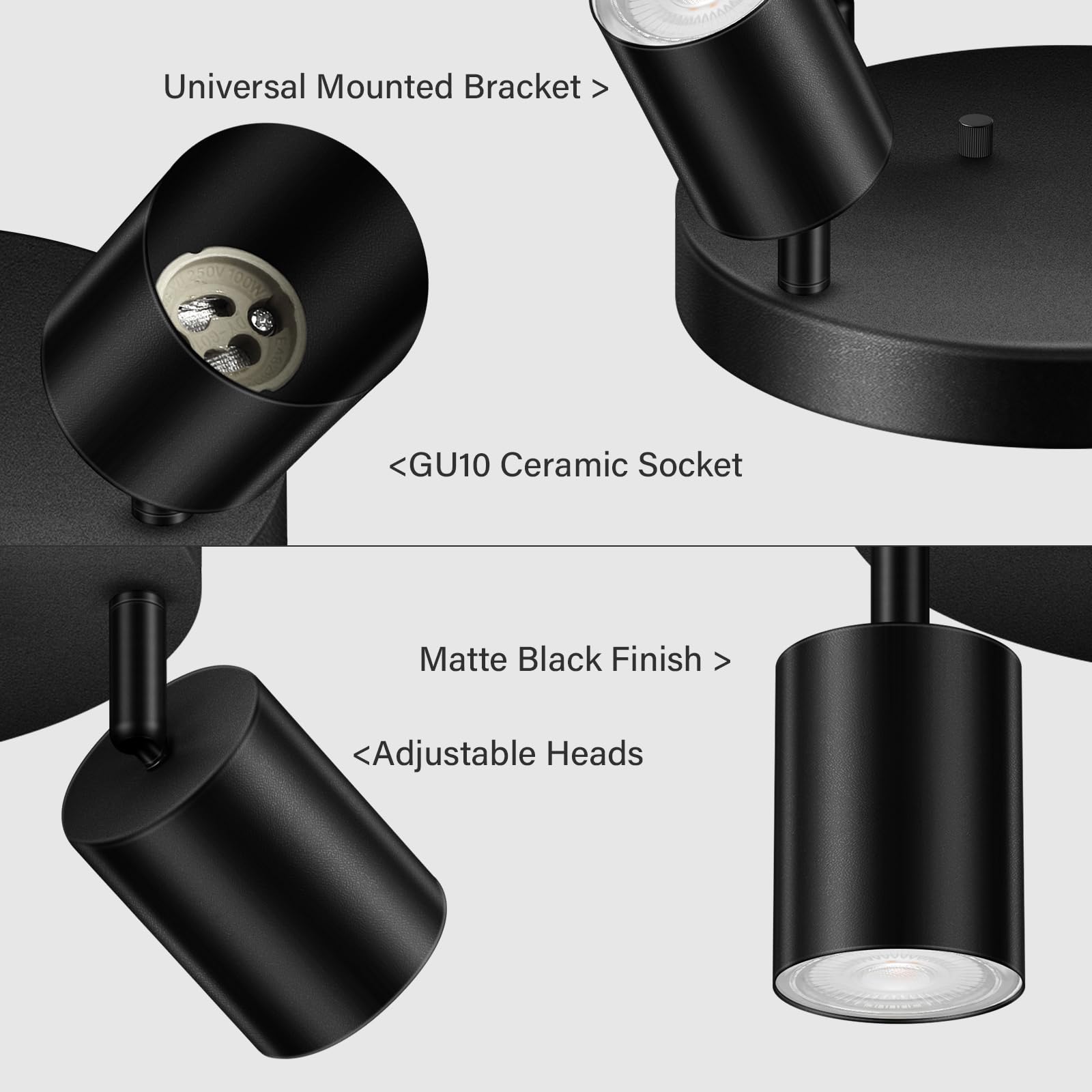 LED 2 Light Track Lighting Kit, LED Track Lighting Fixtures, Black Round Ceiling Spot Lighting, Flexibly Rotatable Light Head for Kitchen, Living Room, Bedroom, GU10 Bulb Not Included