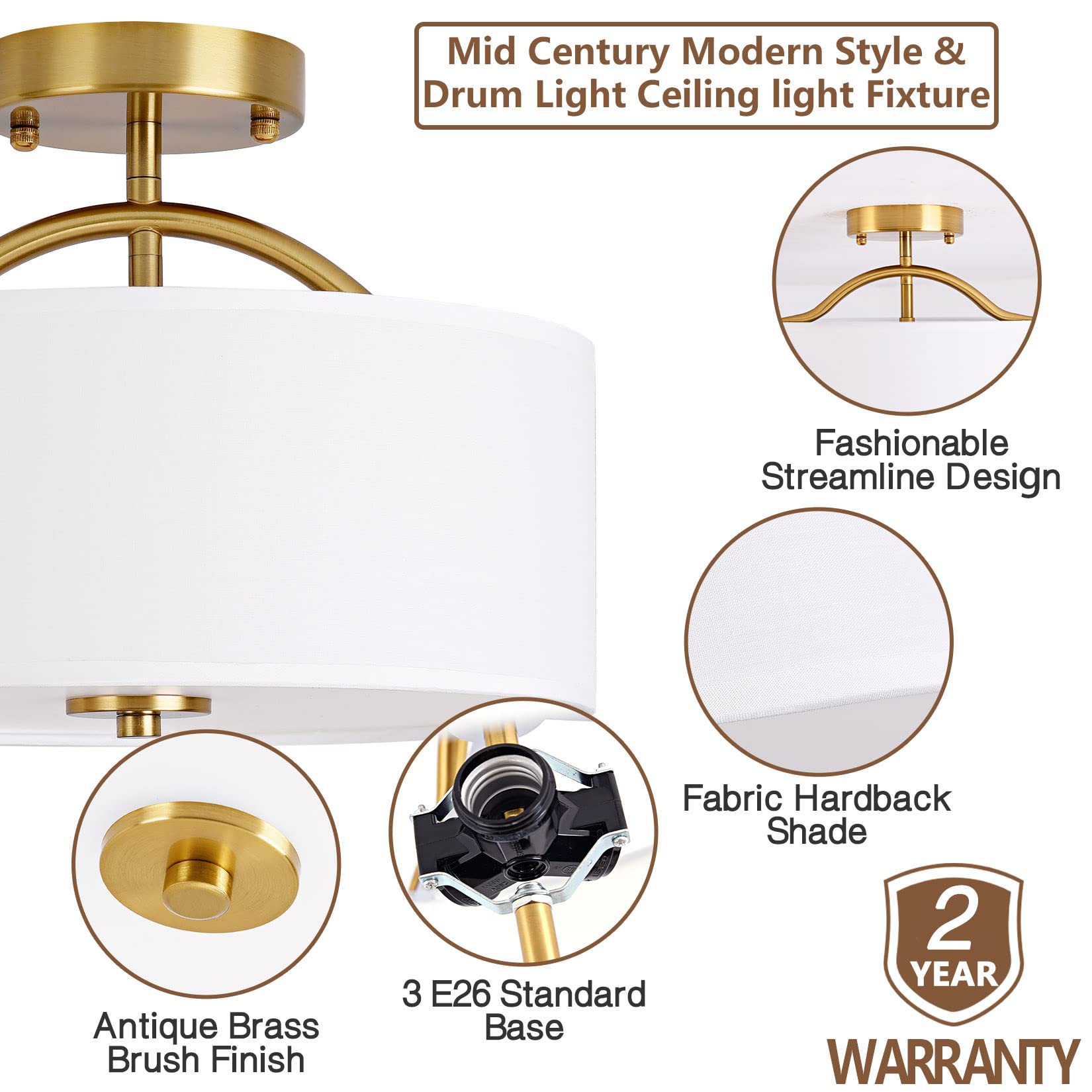 Flush Mount Ceiling Light,13 inch Mid Century Modern Ceiling Light Fixture,Antique Brass with Fabric Shade,3-Light Drum Light Fixture for Bedroom,Dinning Room,Foyer and Kitchen