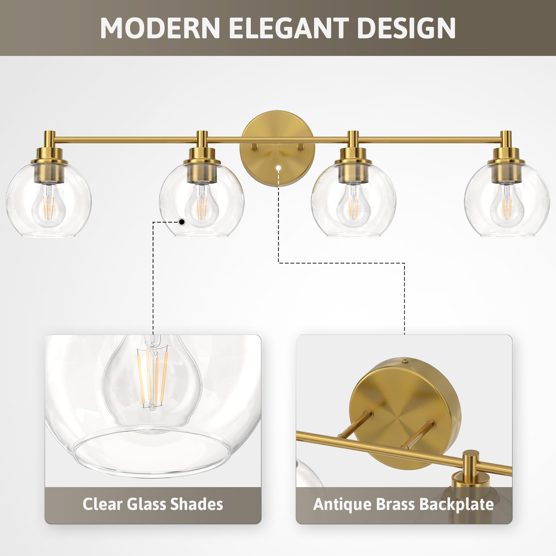 Bathroom Light Fixtures, 2-Light Bathroom Vanity Light with Globe Glass Shades E26 Sockets, Bathroom Lights Over Mirror for Bedroom Hallway Living Room, Gold Finish