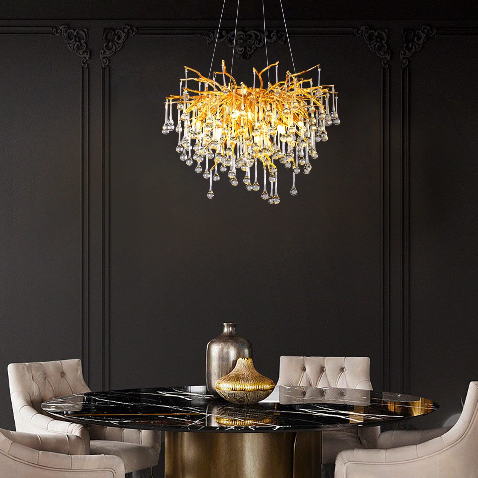 Black Crystal Chandelier, Modern Ceiling Pendant Flower Hanging Lighting Frosted Tree Branch Raindrop Chandelier Light Fixture for Dining Room, Living Room, Bedroom, Entryway (Dia 24" Round)