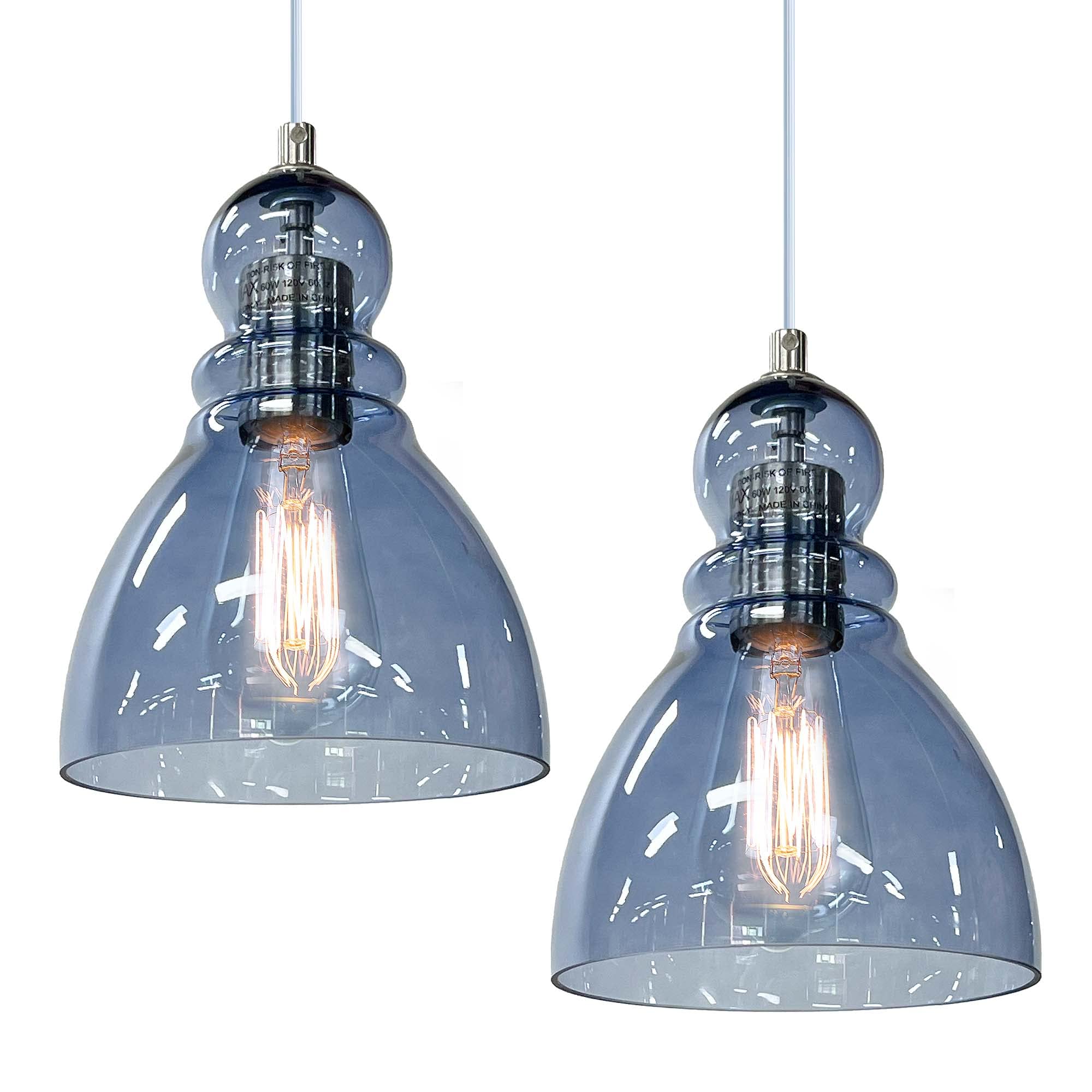 Blue Glass Pendant Lights for Kitchen Island: Modern Industrial Hanging Ceiling Light Fixture with 6.5'' Handblown Clear Glass Shade for Farmhouse Bedroom Dining Room Sink Bar 2 Packs