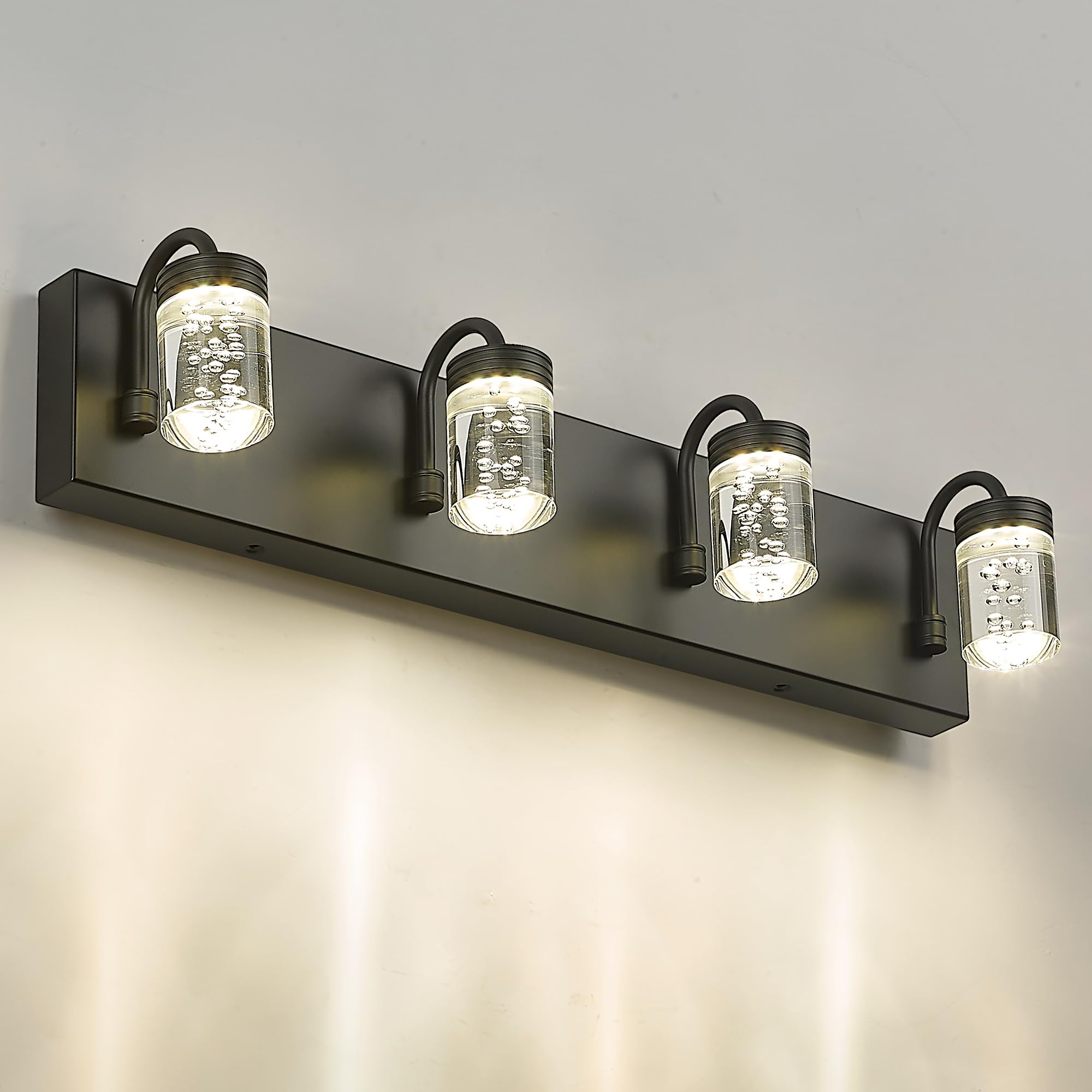 4 Lights Dimmable Crystal LED Vanity Light, Modern Matte Black Bathroom Light Fixtures 16W 3000/4000/5000K, LMS-193