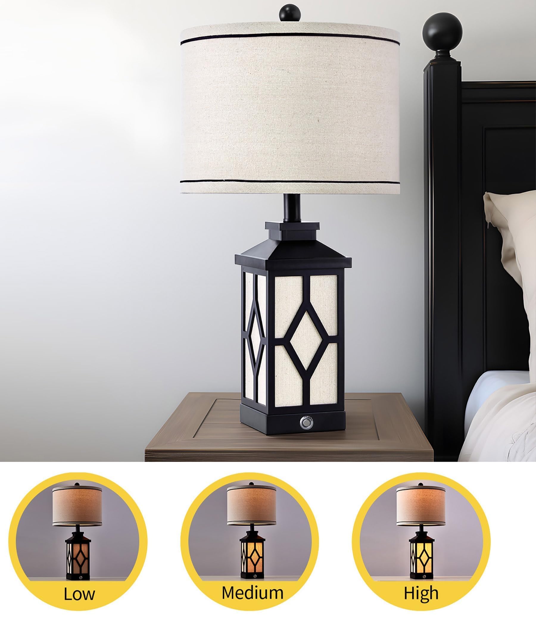 Touch Table Lamps Set of 2 Farmhouse Bedside Lamps with USB A+C Charging Ports 3-Way Dimmable Black Lamps for Living Room Retro Lamps for Night Stands Boho Bedroom Lamps