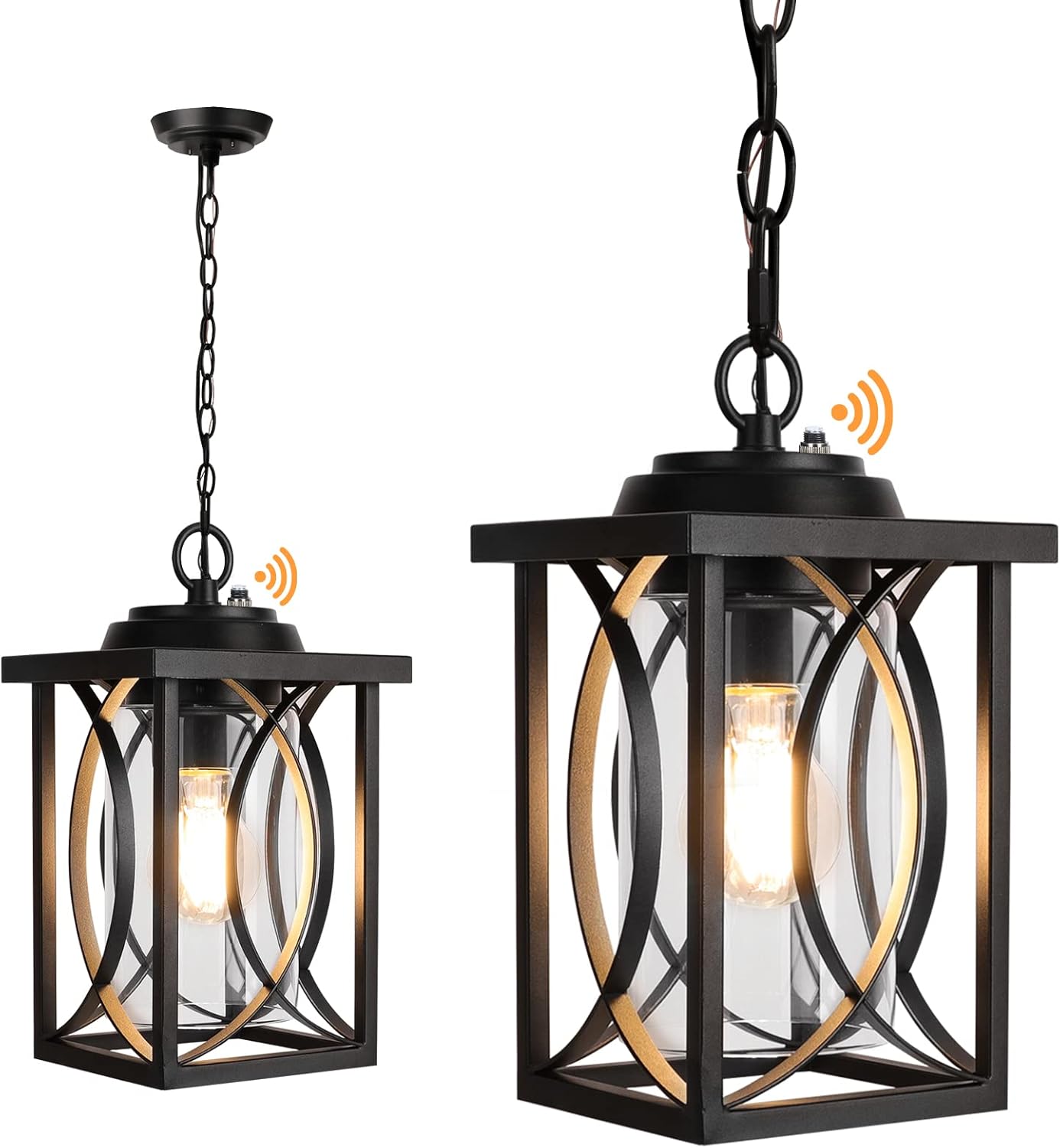 Outdoor Pendant Light for Porch with Dusk to Dawn Sensor, Outdoor Hanging Light Fixture Exterior Lantern Anti-Rust Metal with Clear Glass Shade and Adjustable Chain for Front Door Foyer Entryway