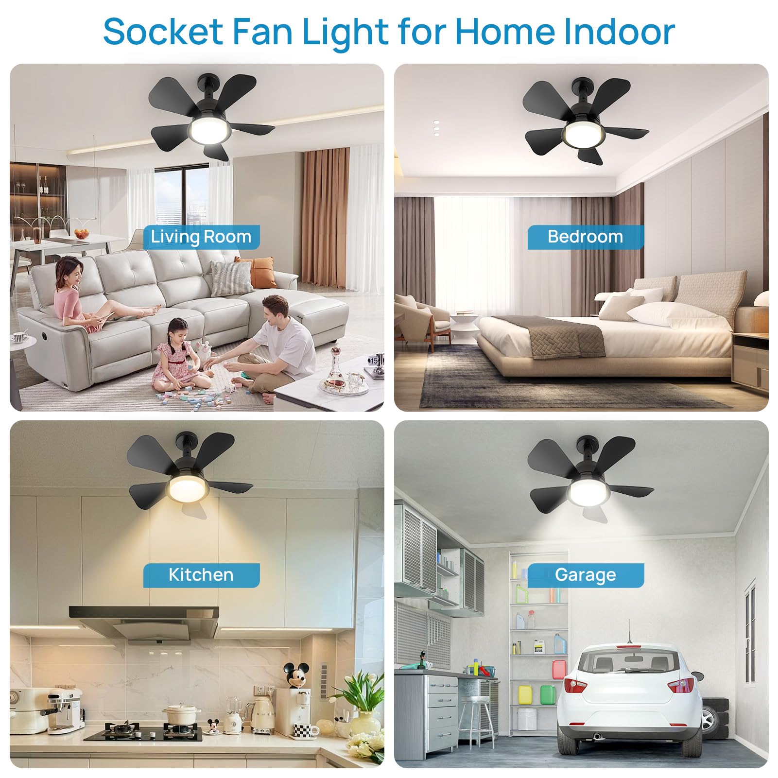 Ceiling Fans with Lights, Socket Fan Light with Remote, 3 Colors 5 Brightness Dimmable LED Ceiling Fan with Lights, 3 Wind Speeds Quiet Ceiling Fan for Bedroom Living Room Kitchen Home Indoor