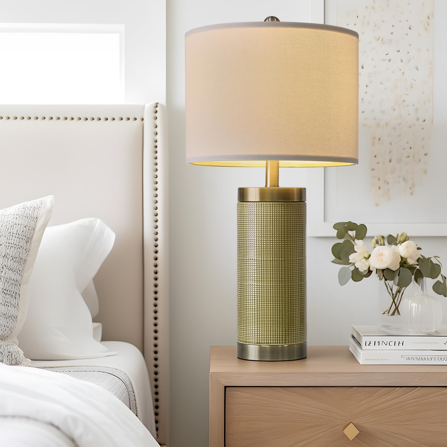 24.5" Modern Ceramic Light-Green Single Bedside Lamp for Bedroom Decor Farmhouse Table Lamp for Living Room Office Dorm