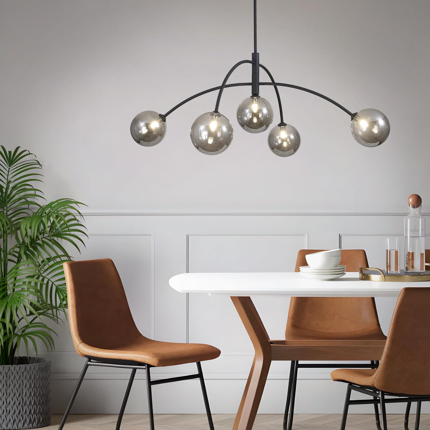 5 Light Modern Brass Chandelier Fixture White Clear Globe Glass Shade Pendant Light Gold Kitchen Ceiling Large Chandelier for Dining Room Kitchen Bedroom