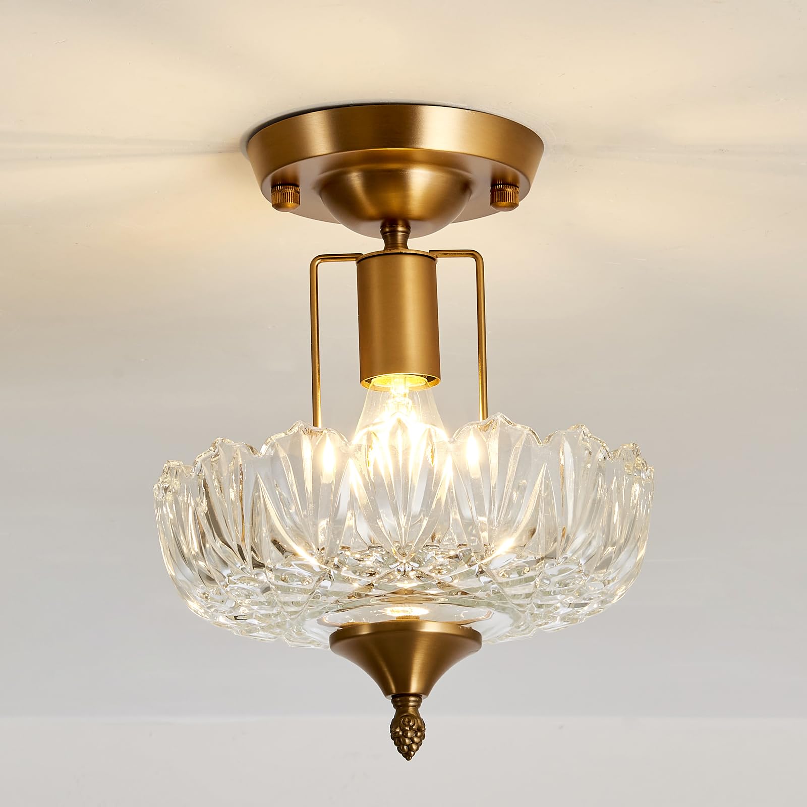 Vintage Gold Semi Flush Mount Ceiling Light Fixture with Clear Glass Shade Flower Small Chandelier Brass Close to Ceiling Light for Hallway Entryway Bedroom Porch Foyer Corridor Kitchen