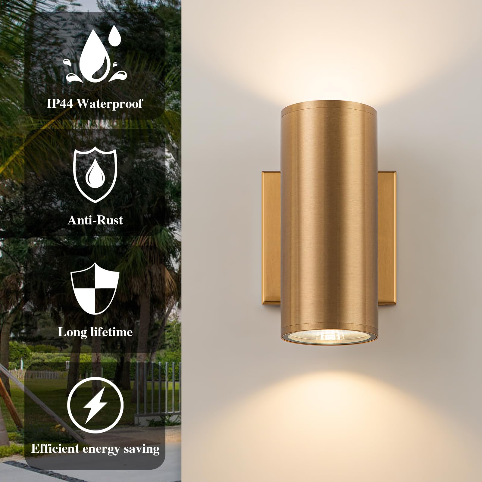 Outdoor, Modern Gold LED Outdoor Wall Lights Fixture in 2 Lights, 7 inch Cylinder Exterior Light Fixture Wall Mount for Porch Patio Garage House Entryway