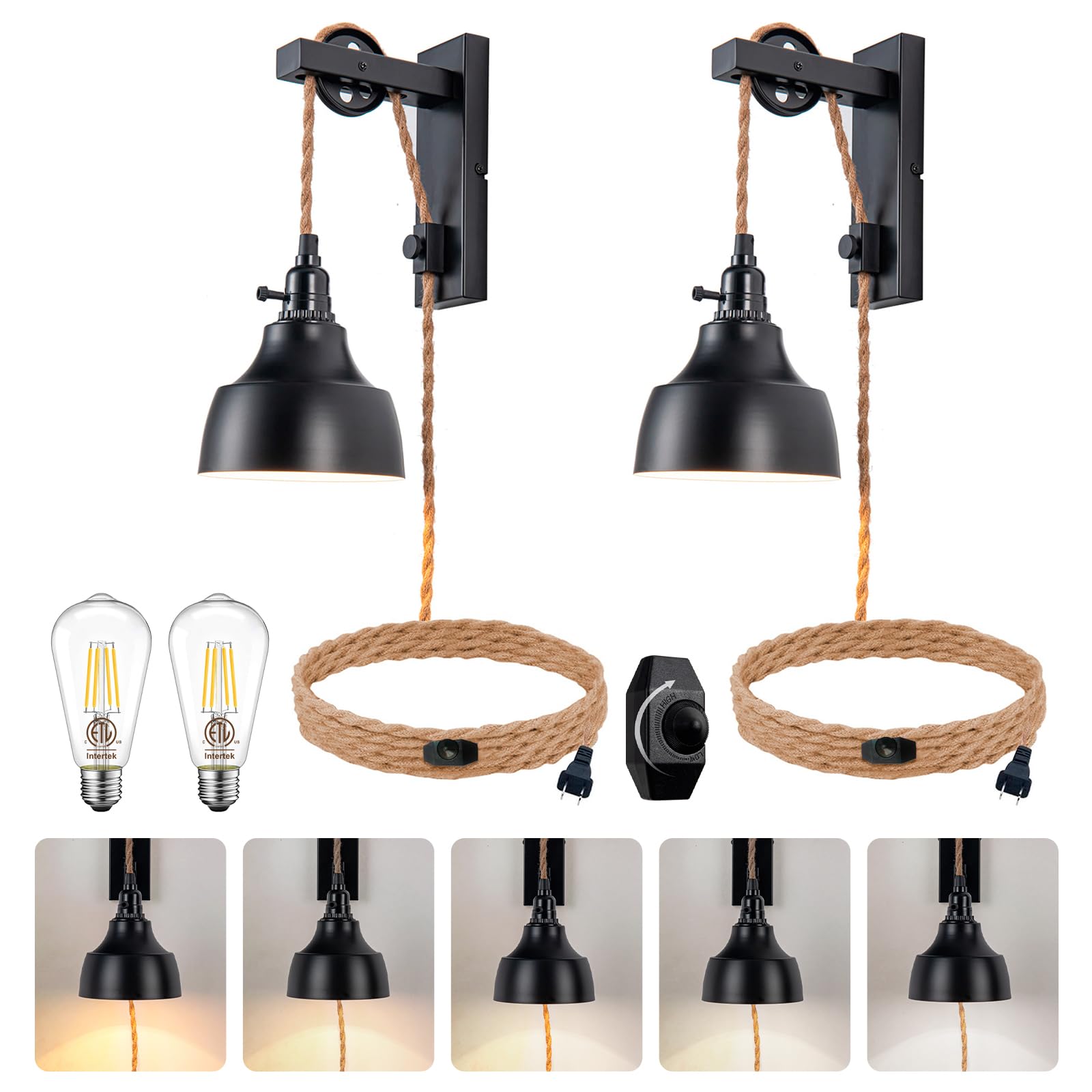 Gold Plug in Wall Sconces Pulley Wall Lamps Vintage Hanging Light Fixture Wall Lights with Plug in Cord On/Off Switch Set of Two Black Wall Lamp for Bedroom, Living Room and Hotel