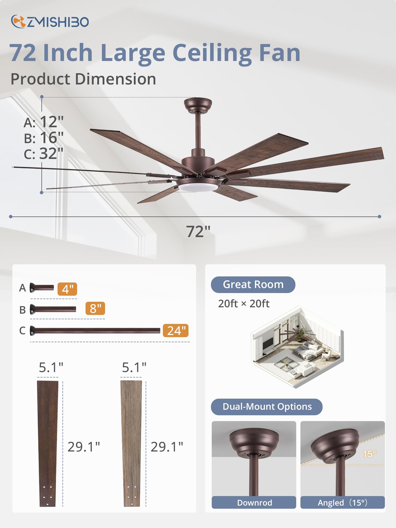 72 inch Oil Rubbed Bronze Ceiling Fans with Lights and Remote, Indoor/Outdoor Farmhouse Ceiling Fan for Living Room Patio, 6 Speed Reversible Quiet DC Motor, 3CCT, Dual Finish Blades